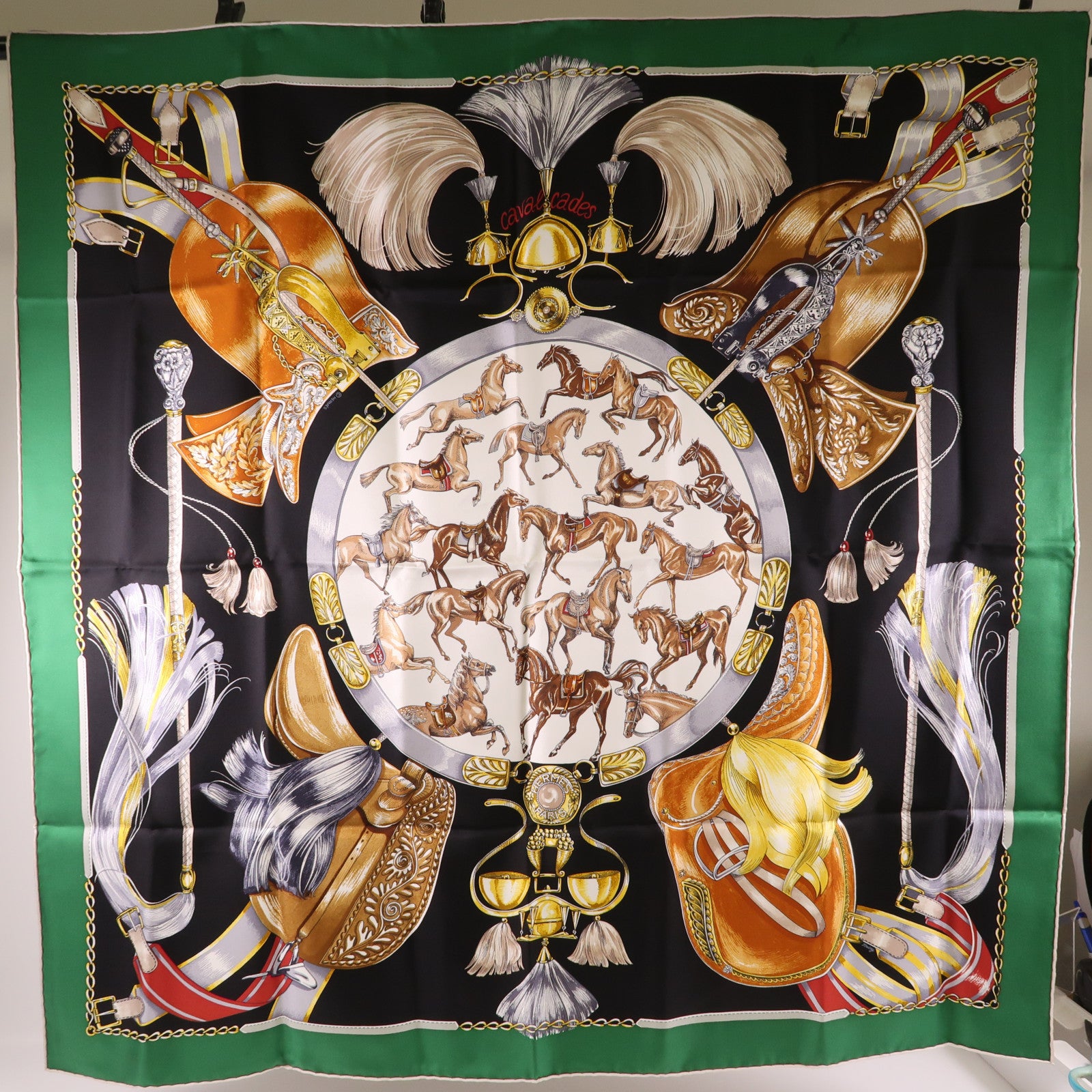 HERMES Scarf 90X90 Silk Black Green Brown Multicolored