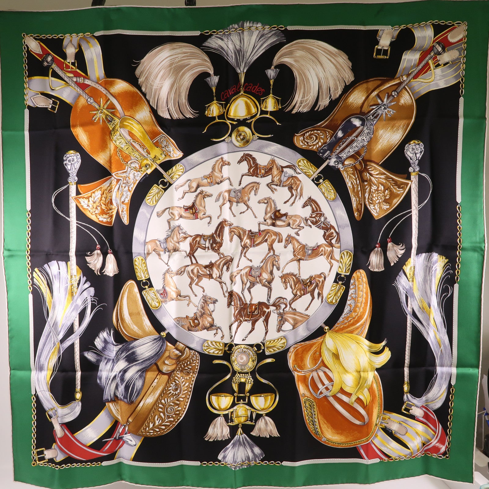 HERMES Scarf 90X90 Silk Black Green Brown Multicolored