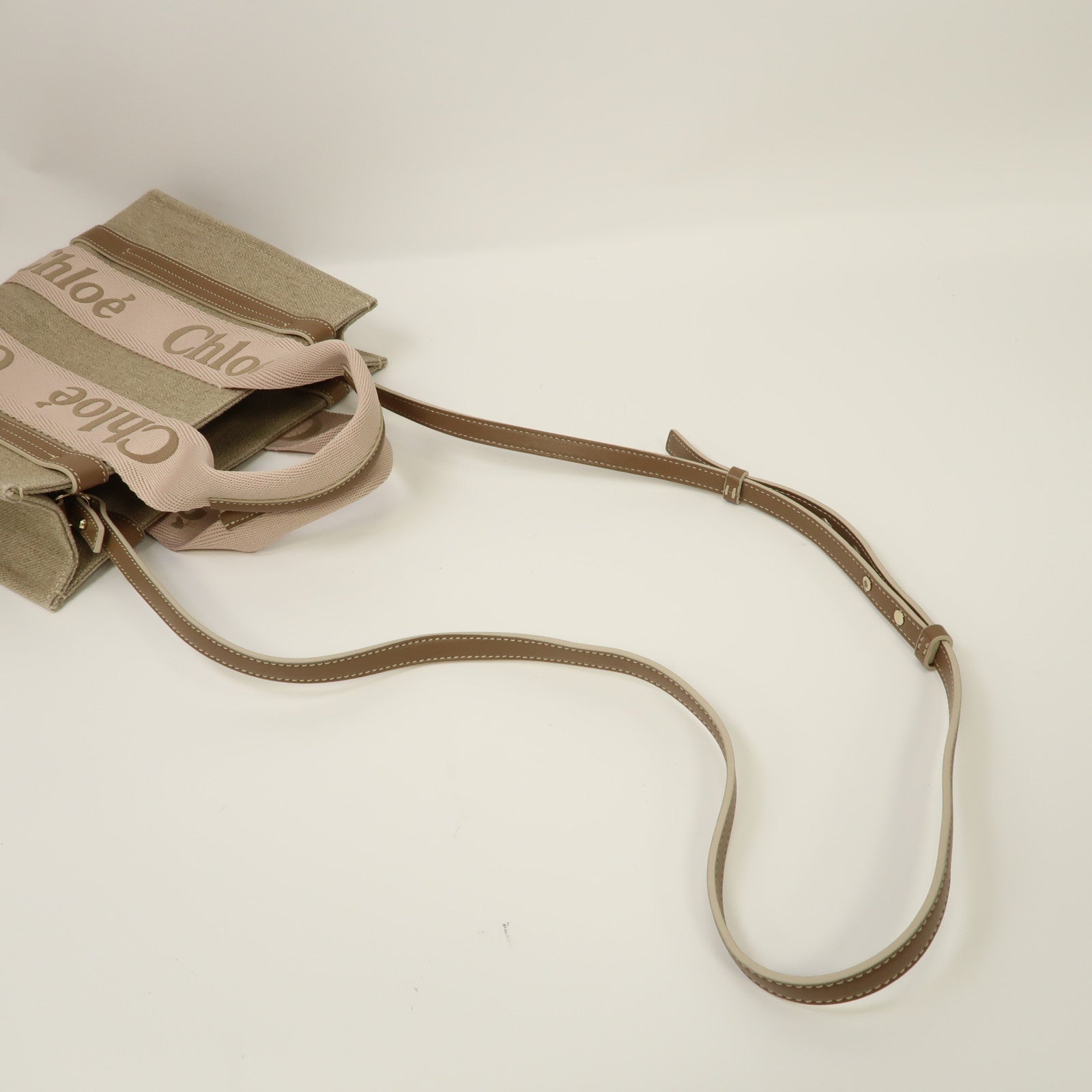 Chloe 帆布Small Woody Tote Bag金扣手挽肩背兩用袋啡色/粉紅色