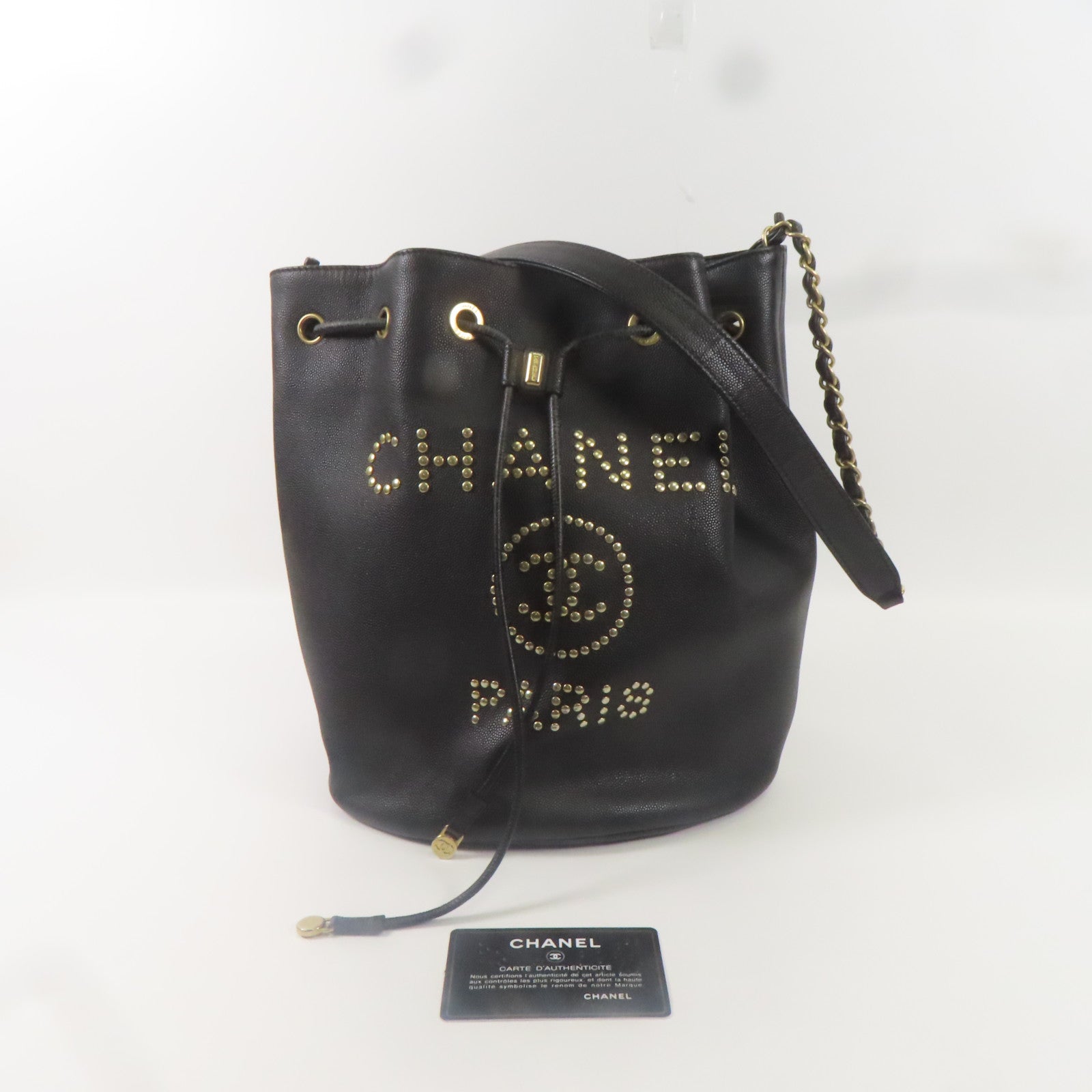 CHANEL 牛皮皮革Deauville Drawstring Bucket金扣肩背袋黑色