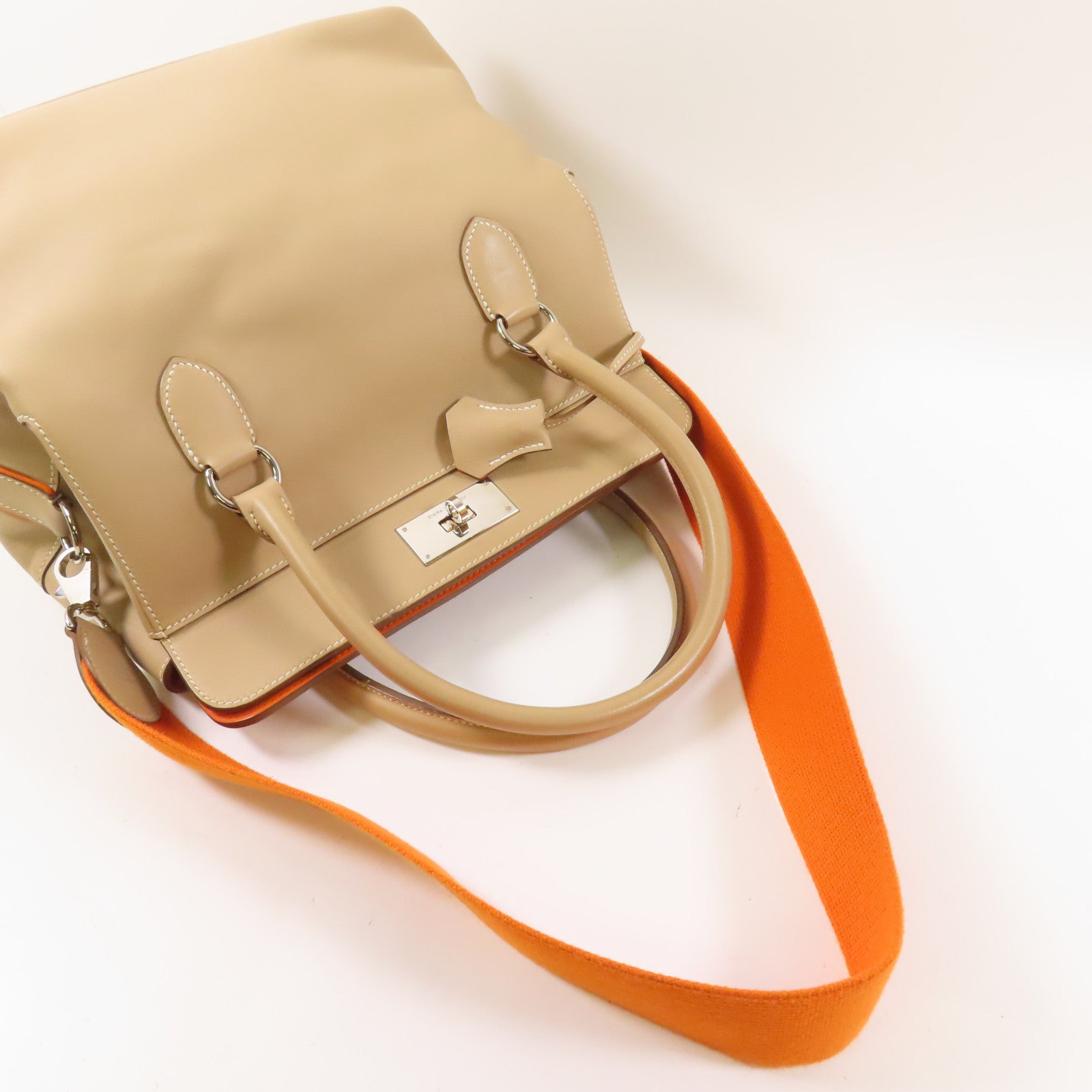 HERMES Swift皮革Toolbox 26銀扣手挽肩背兩用袋Argile/淺褐色