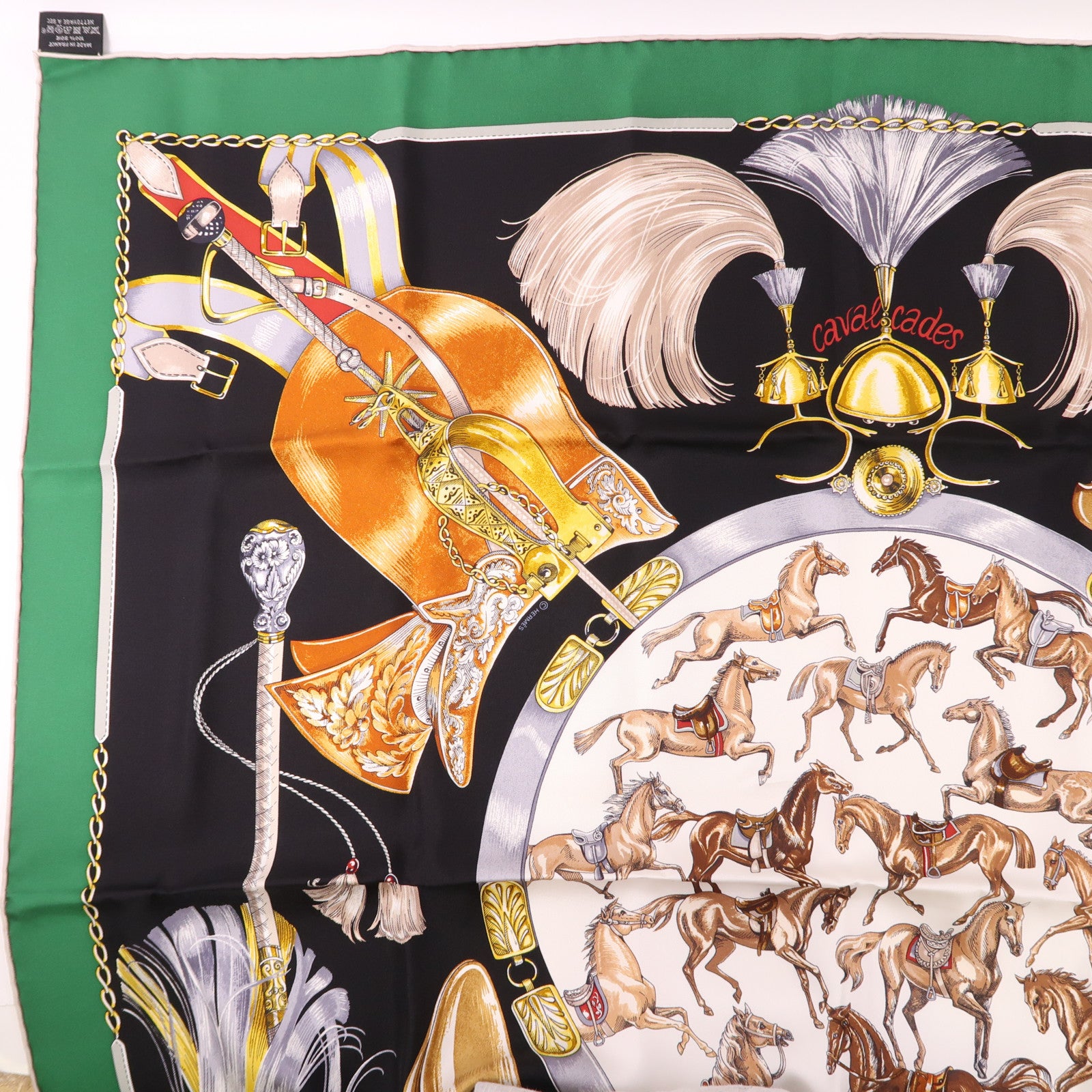 HERMES Scarf 90X90 Silk Black Green Brown Multicolored