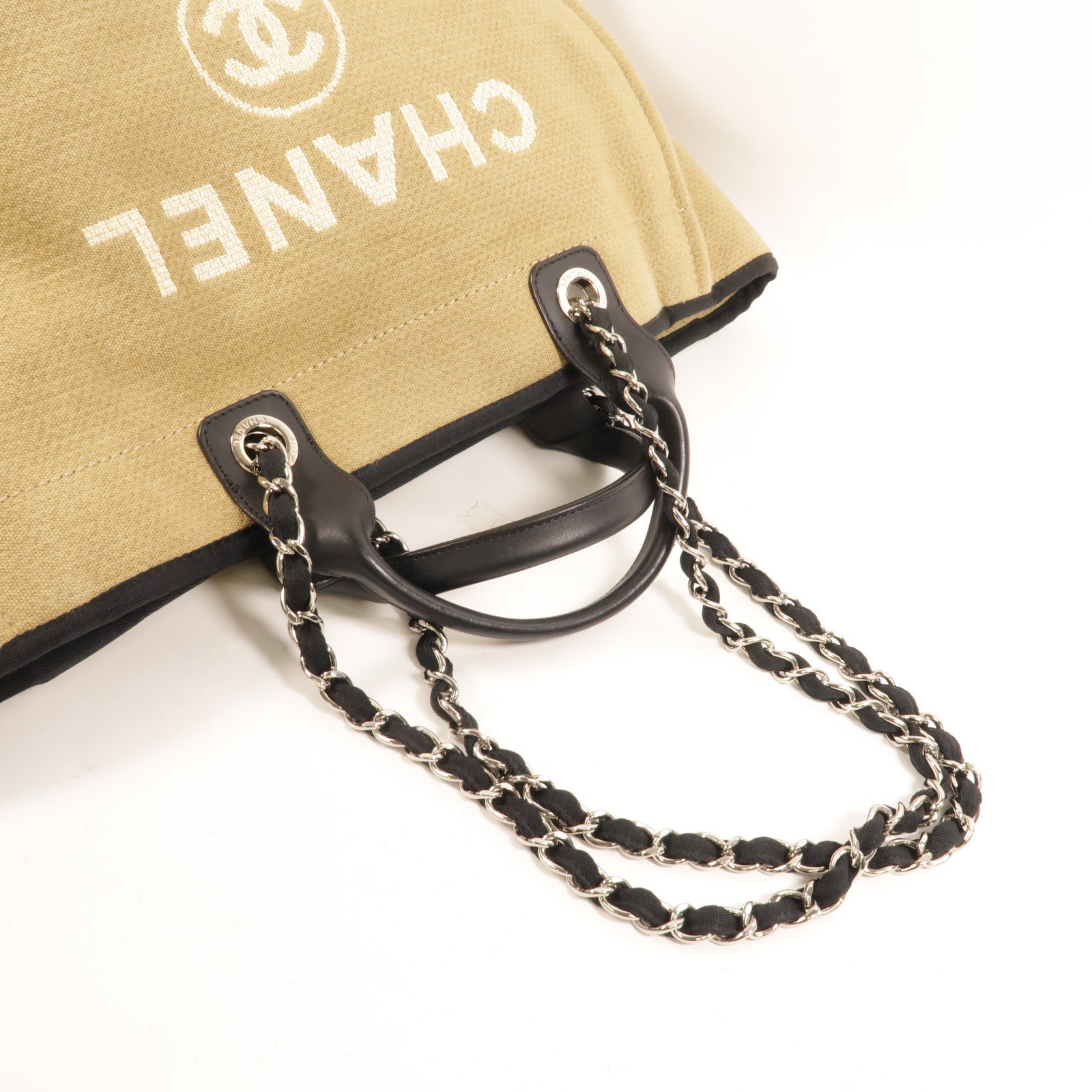CHANEL 帆布Deauville Tote Medium鏈帶手挽肩背兩用袋
