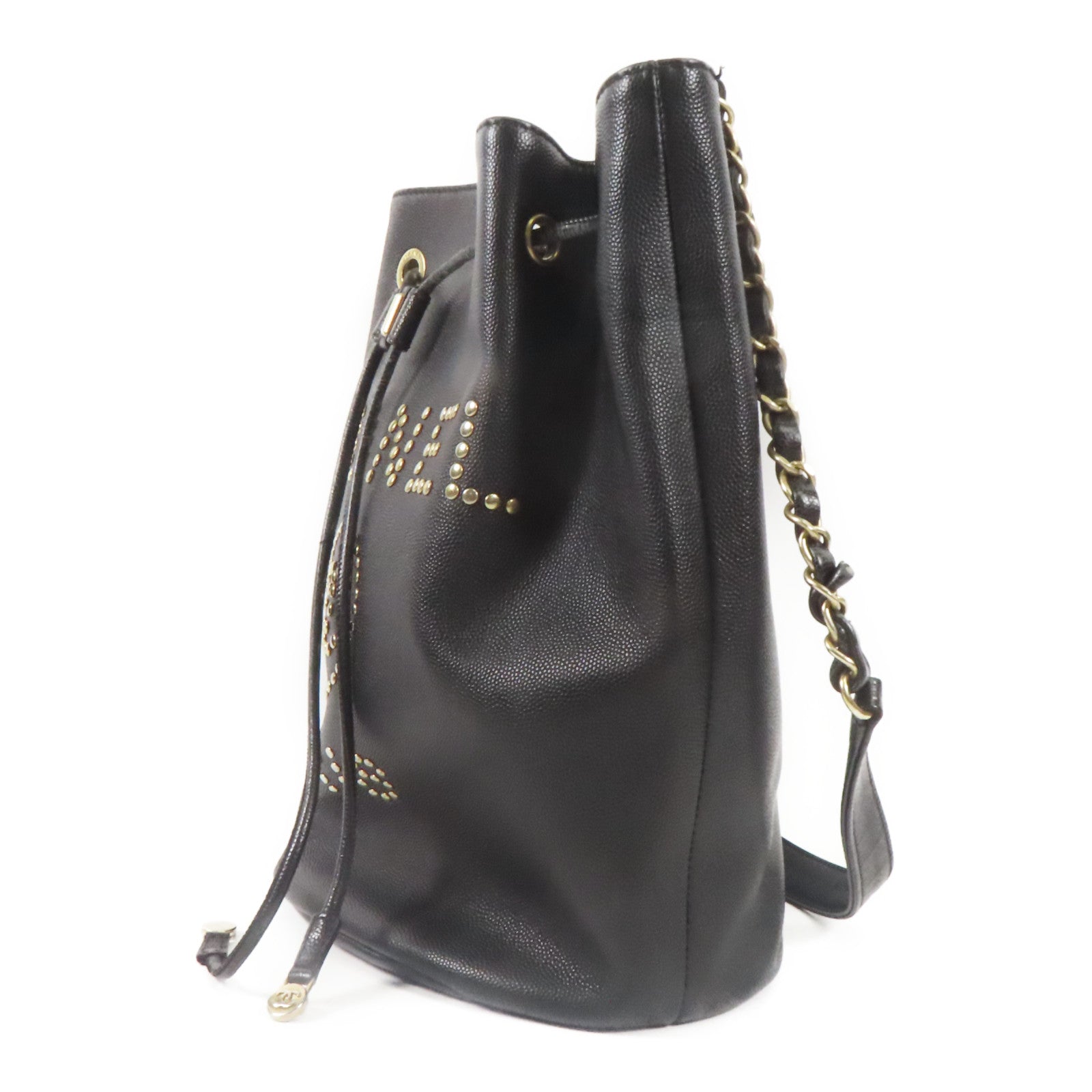 CHANEL 牛皮皮革Deauville Drawstring Bucket金扣肩背袋黑色