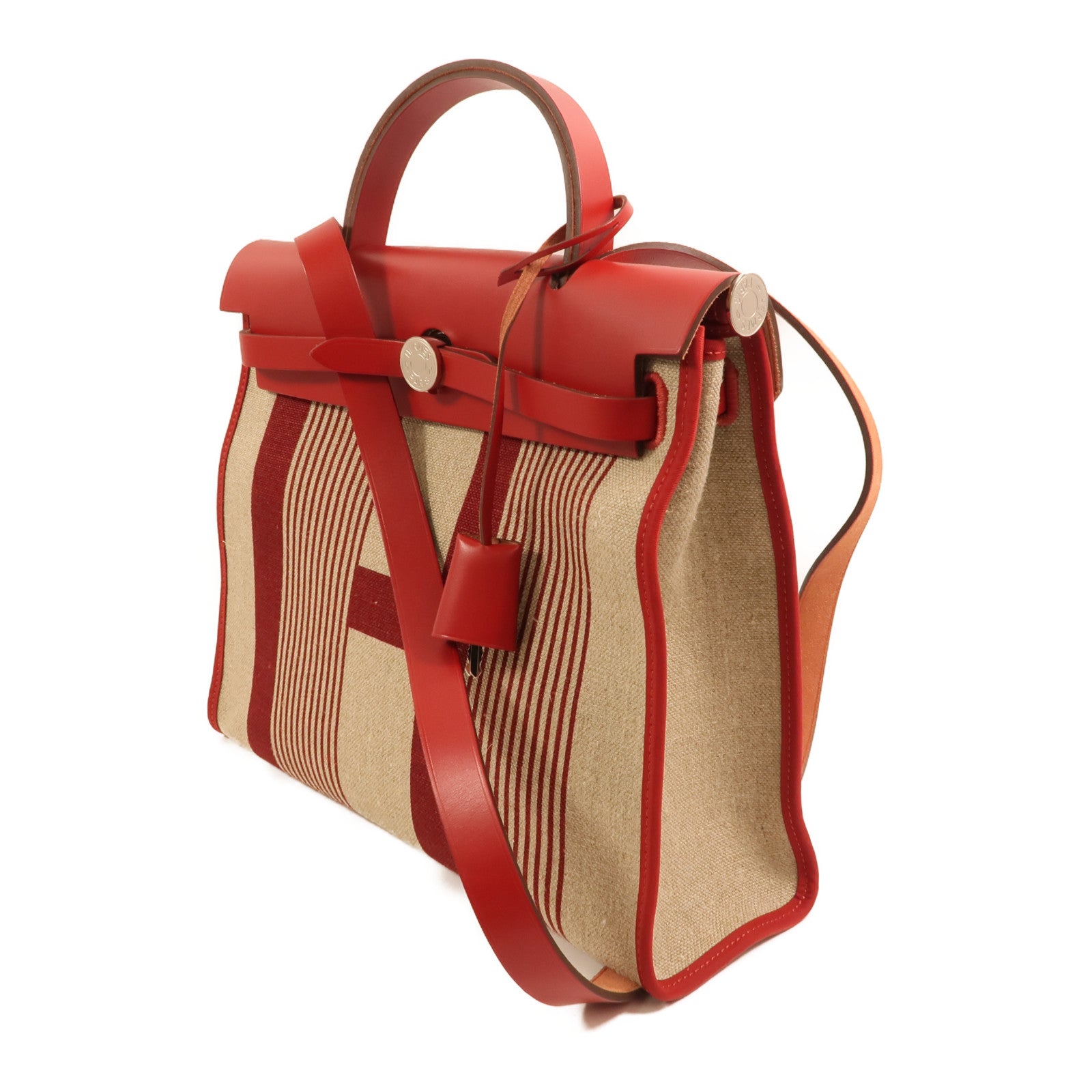 HERMES Toile H帆布Herbag PM手挽肩背兩用袋Rouge Piment/Bordeaux