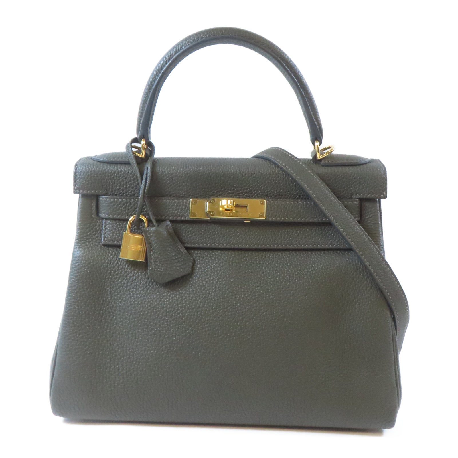 HERMES Togo皮革Kelly 28金扣手挽肩背兩用袋Vert de Gris/深綠色