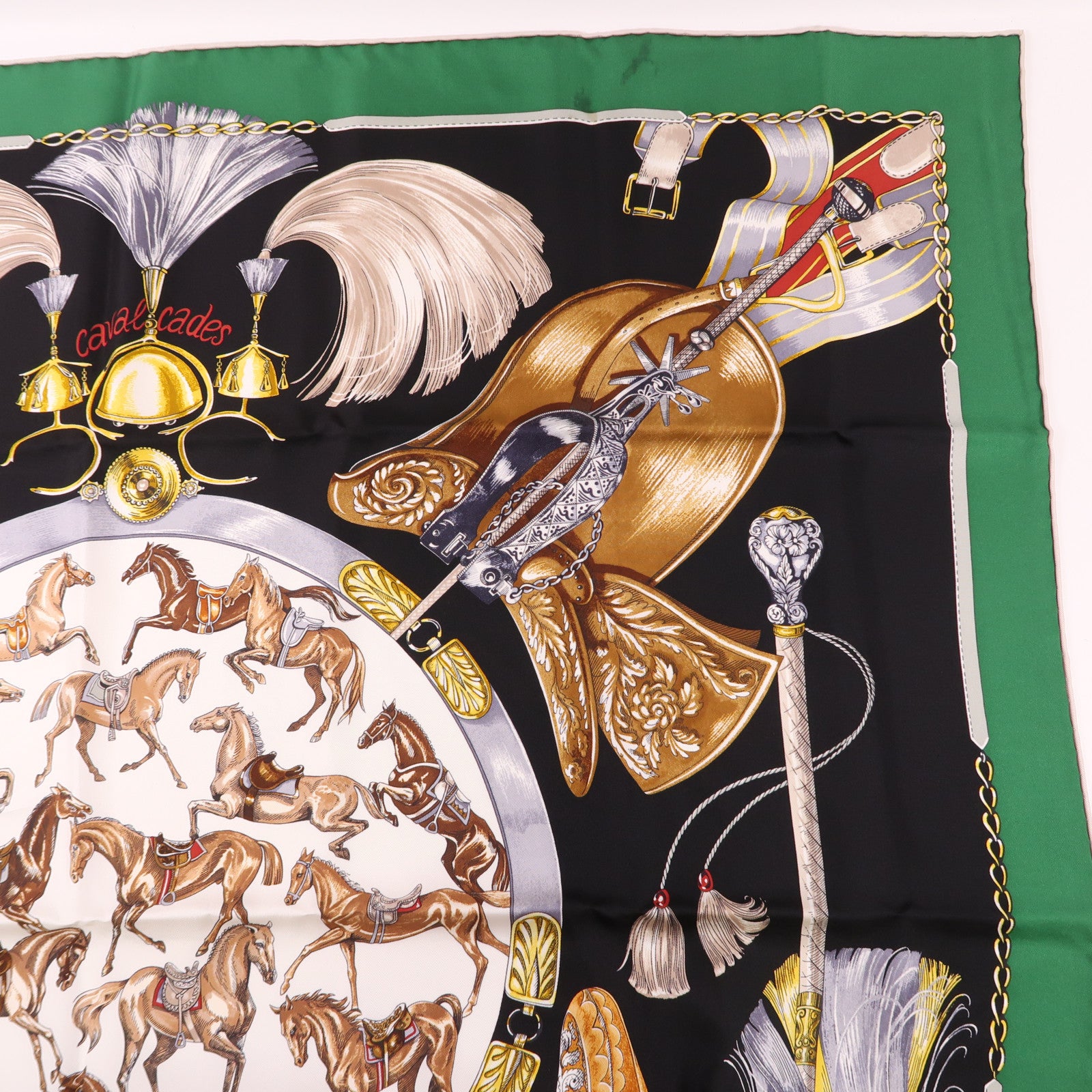 HERMES Scarf 90X90 Silk Black Green Brown Multicolored