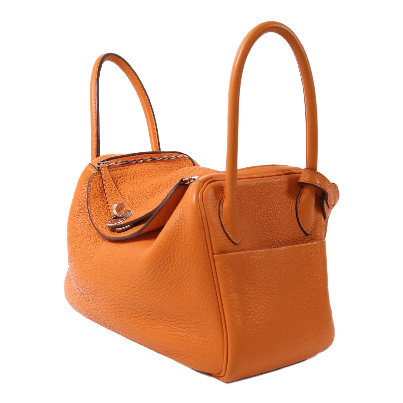 HERMES Clemence皮革Lindy 26銀扣手挽肩背兩用袋Orange