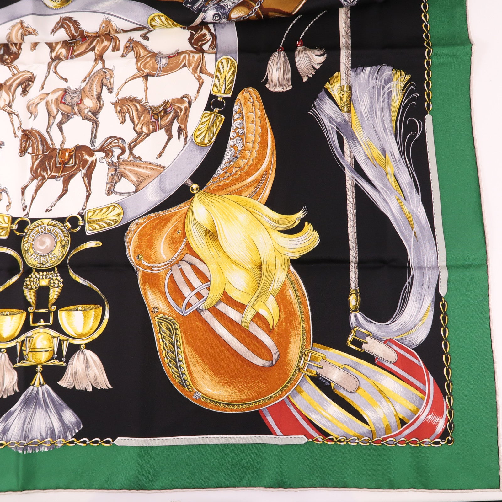 HERMES Scarf 90X90 Silk Black Green Brown Multicolored