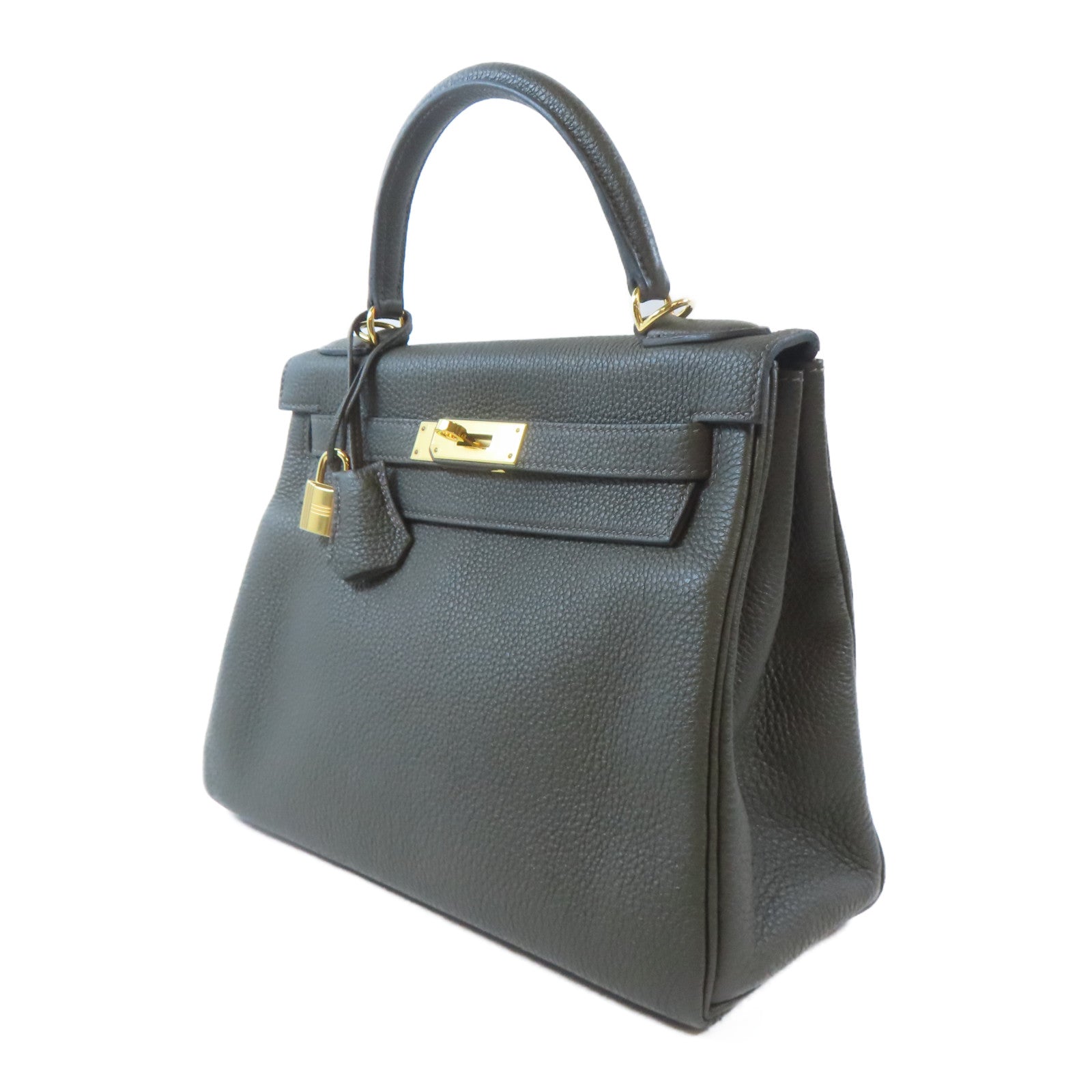 HERMES Togo皮革Kelly 28金扣手挽肩背兩用袋Vert de Gris/深綠色