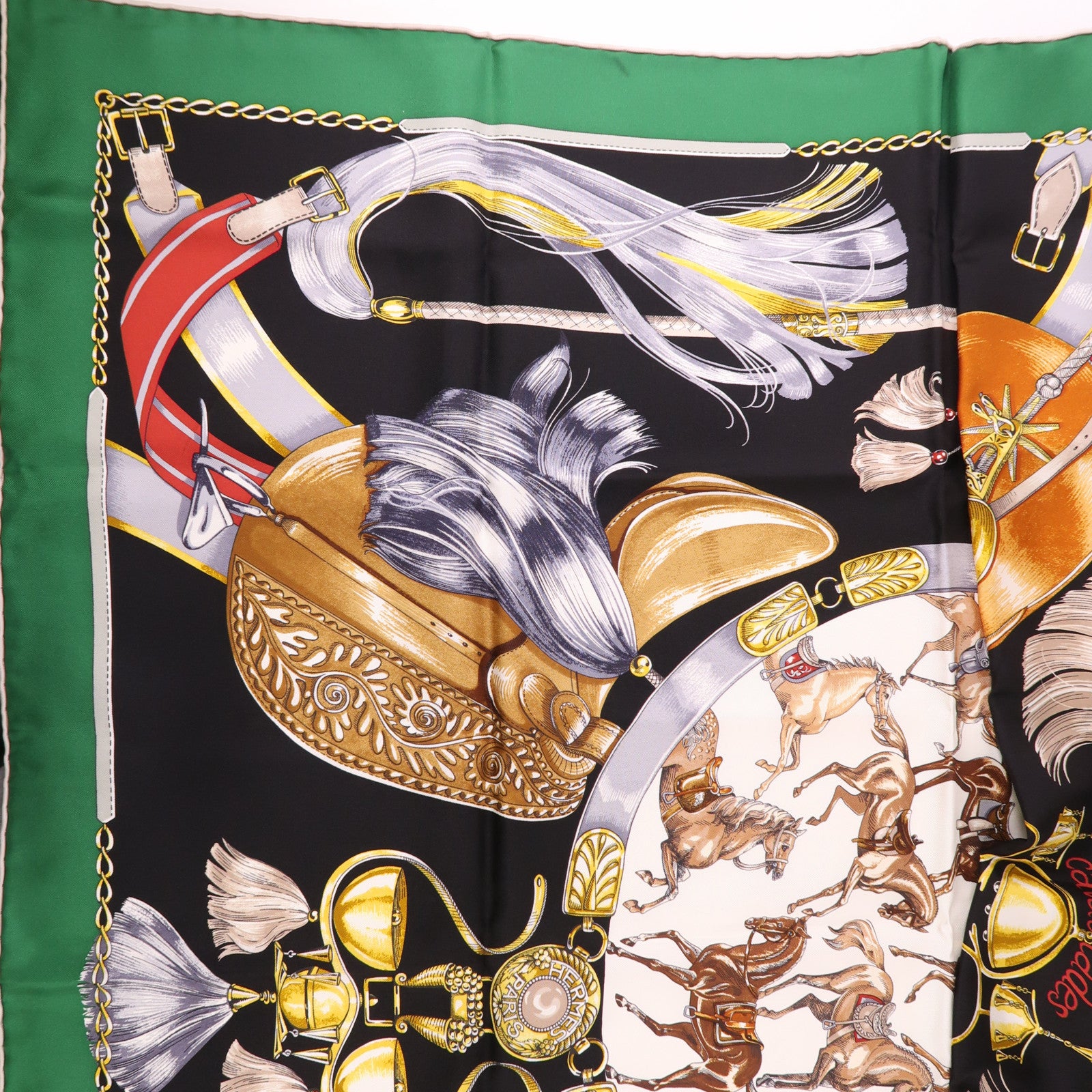 HERMES Scarf 90X90 Silk Black Green Brown Multicolored