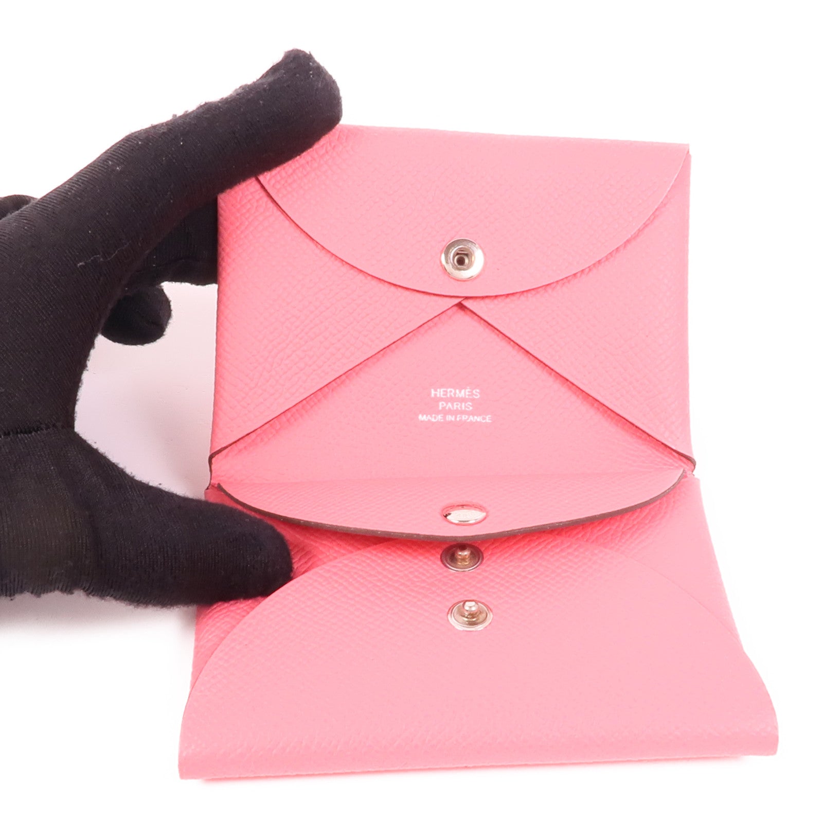 HERMES Epsom皮革Calvi Duo銀扣卡片套Rose Azalee