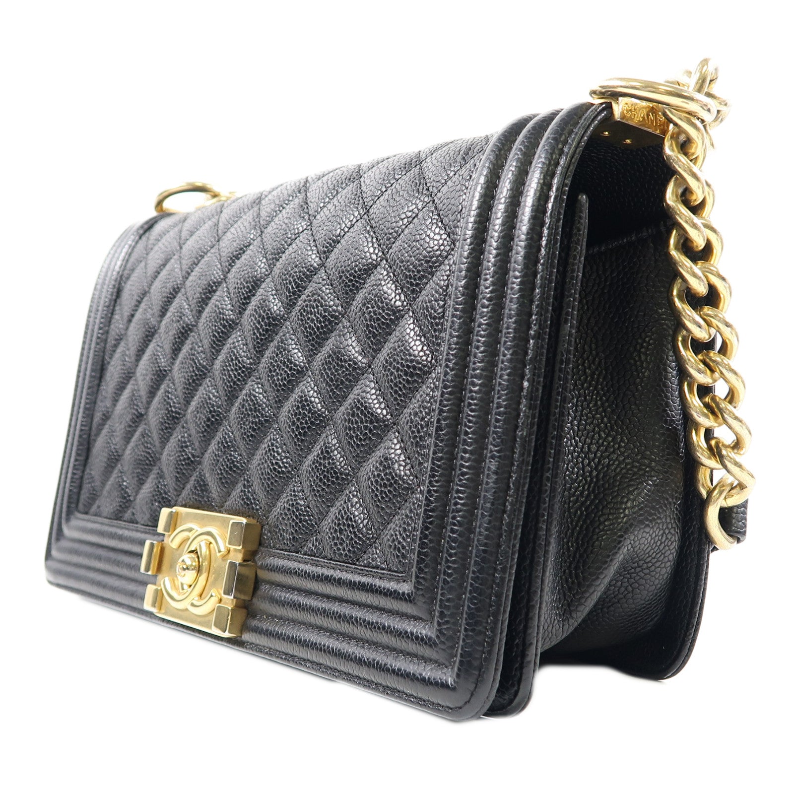 CHANEL 菱格牛皮皮革Boy Chanel金扣鏈帶肩背袋黑色