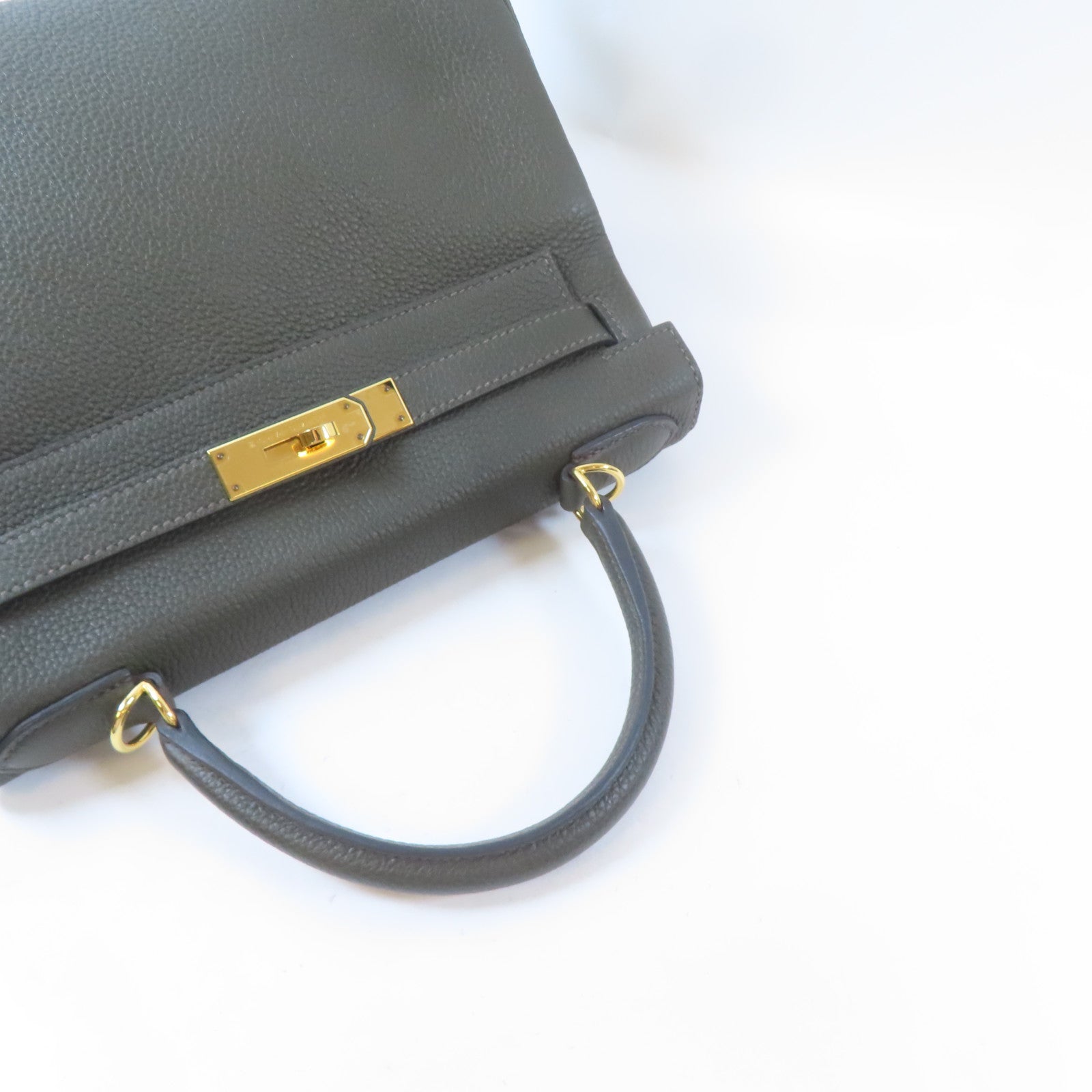 HERMES Togo皮革Kelly 28金扣手挽肩背兩用袋Vert de Gris/深綠色