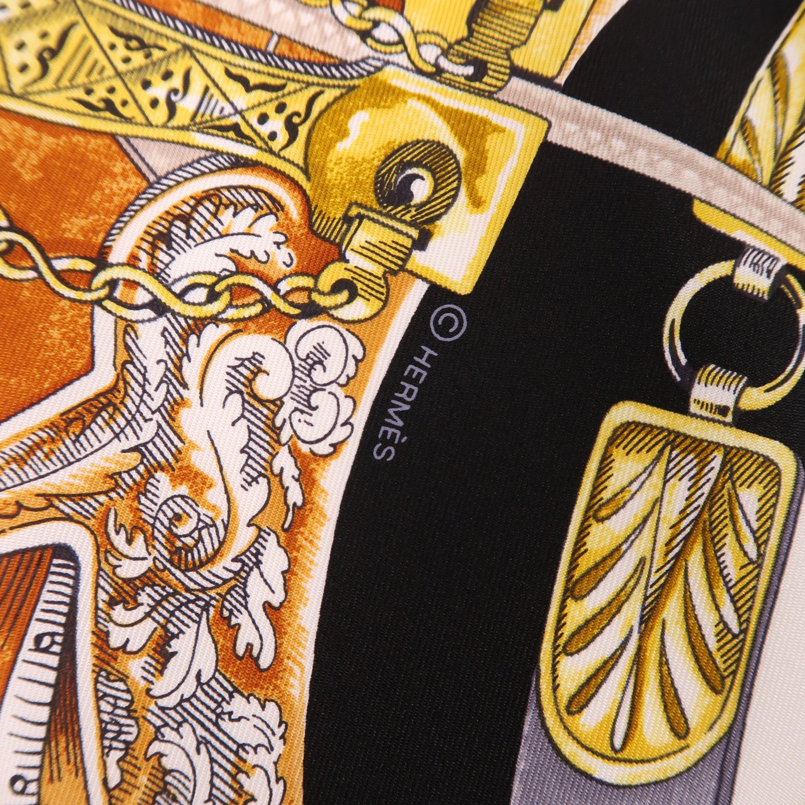 HERMES Scarf 90X90 Silk Black Green Brown Multicolored