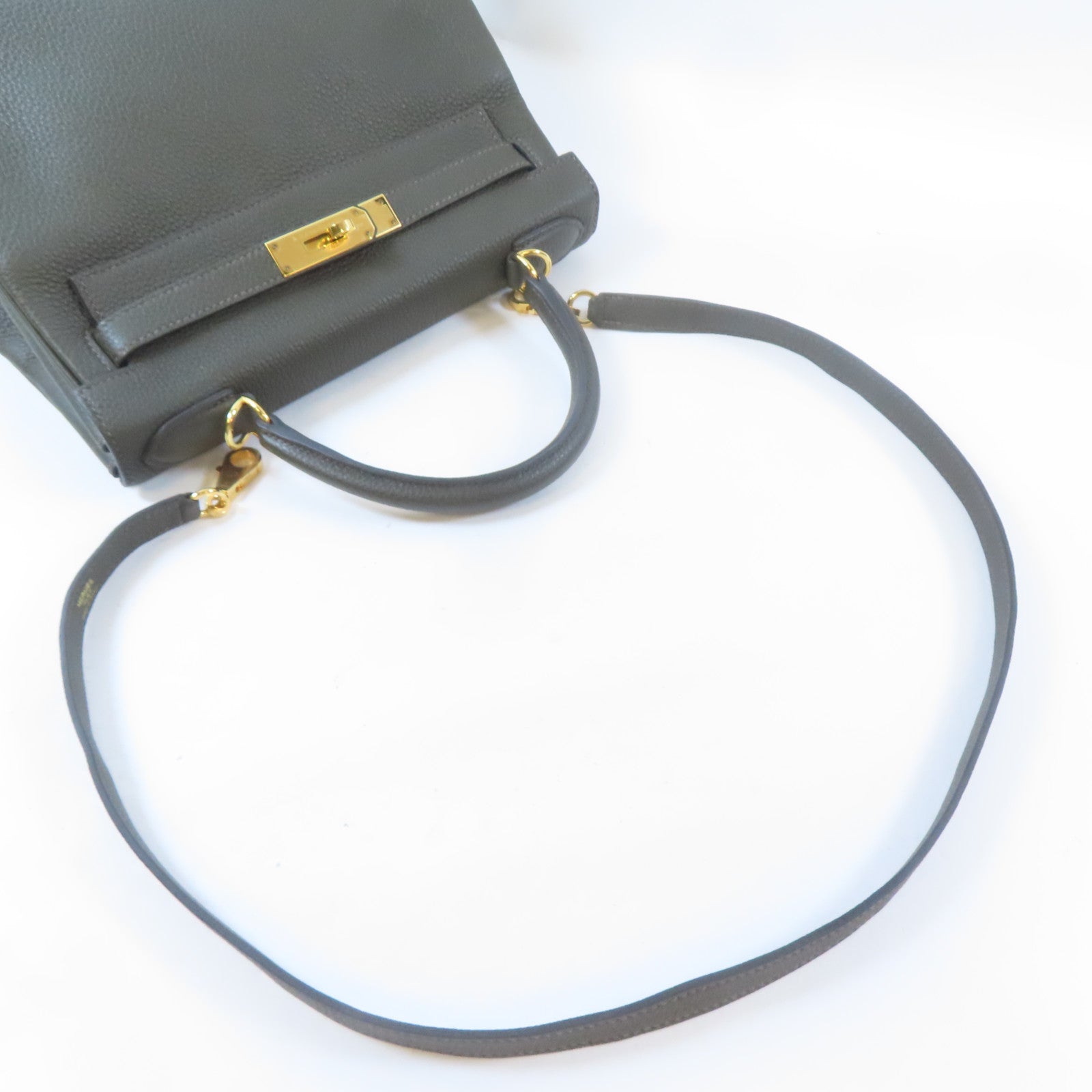 HERMES Togo皮革Kelly 28金扣手挽肩背兩用袋Vert de Gris/深綠色