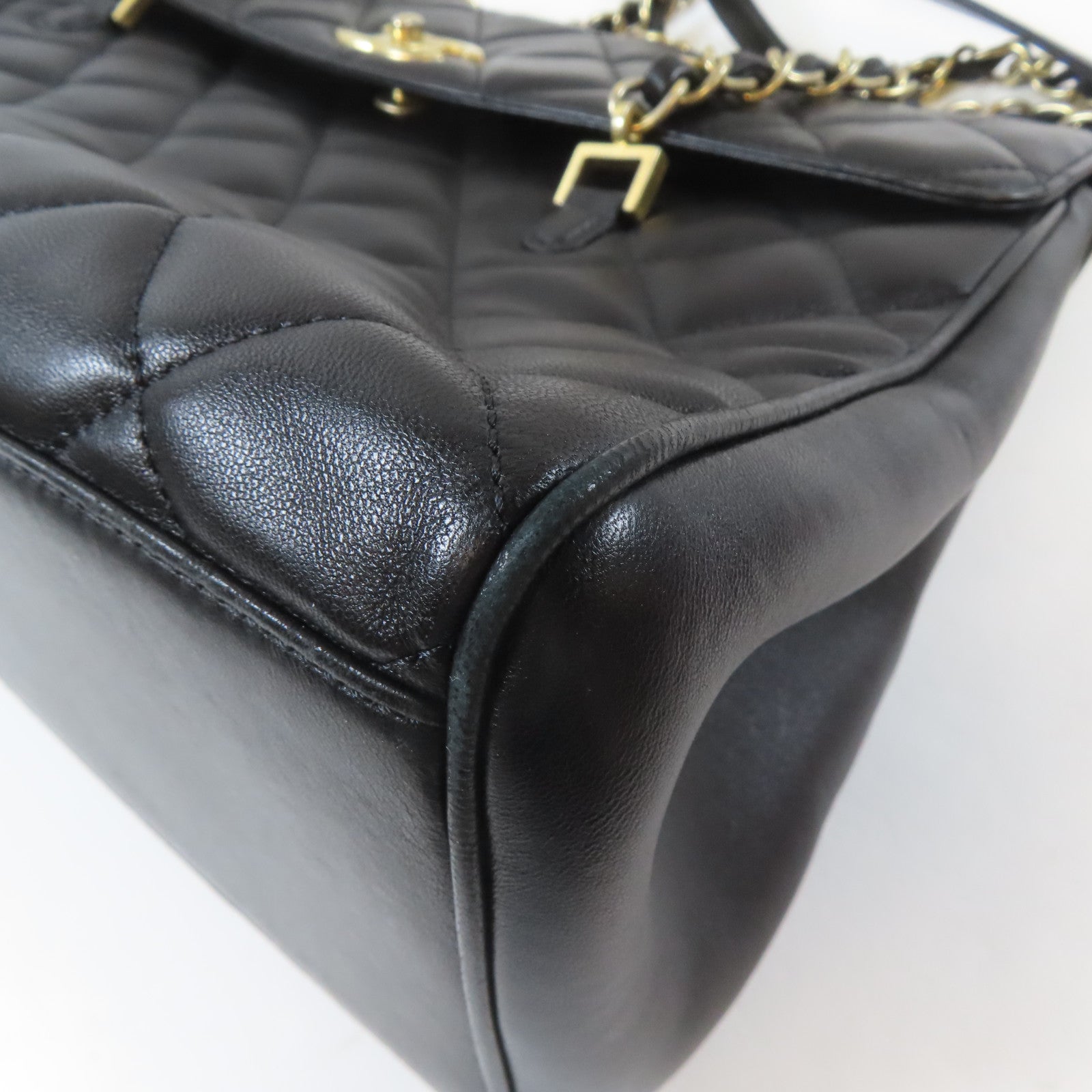 CHANEL 菱格羊皮皮革Chain Tote金扣鏈帶肩背袋黑色