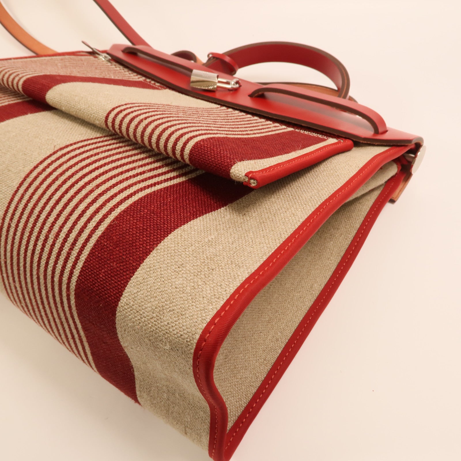 HERMES Toile H帆布Herbag PM手挽肩背兩用袋Rouge Piment/Bordeaux