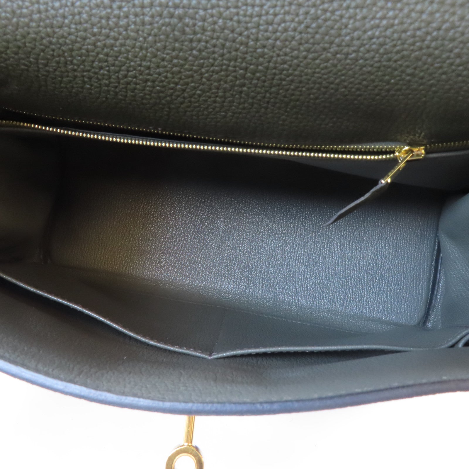 HERMES Togo皮革Kelly 28金扣手挽肩背兩用袋Vert de Gris/深綠色