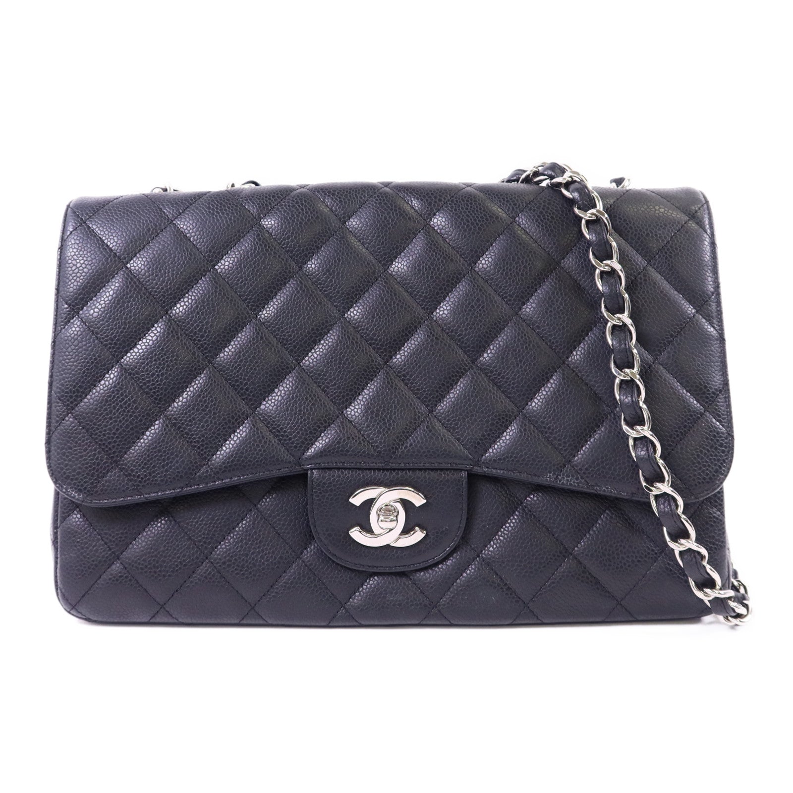 CHANEL 牛皮皮革Large Classic銀扣鏈帶肩背袋