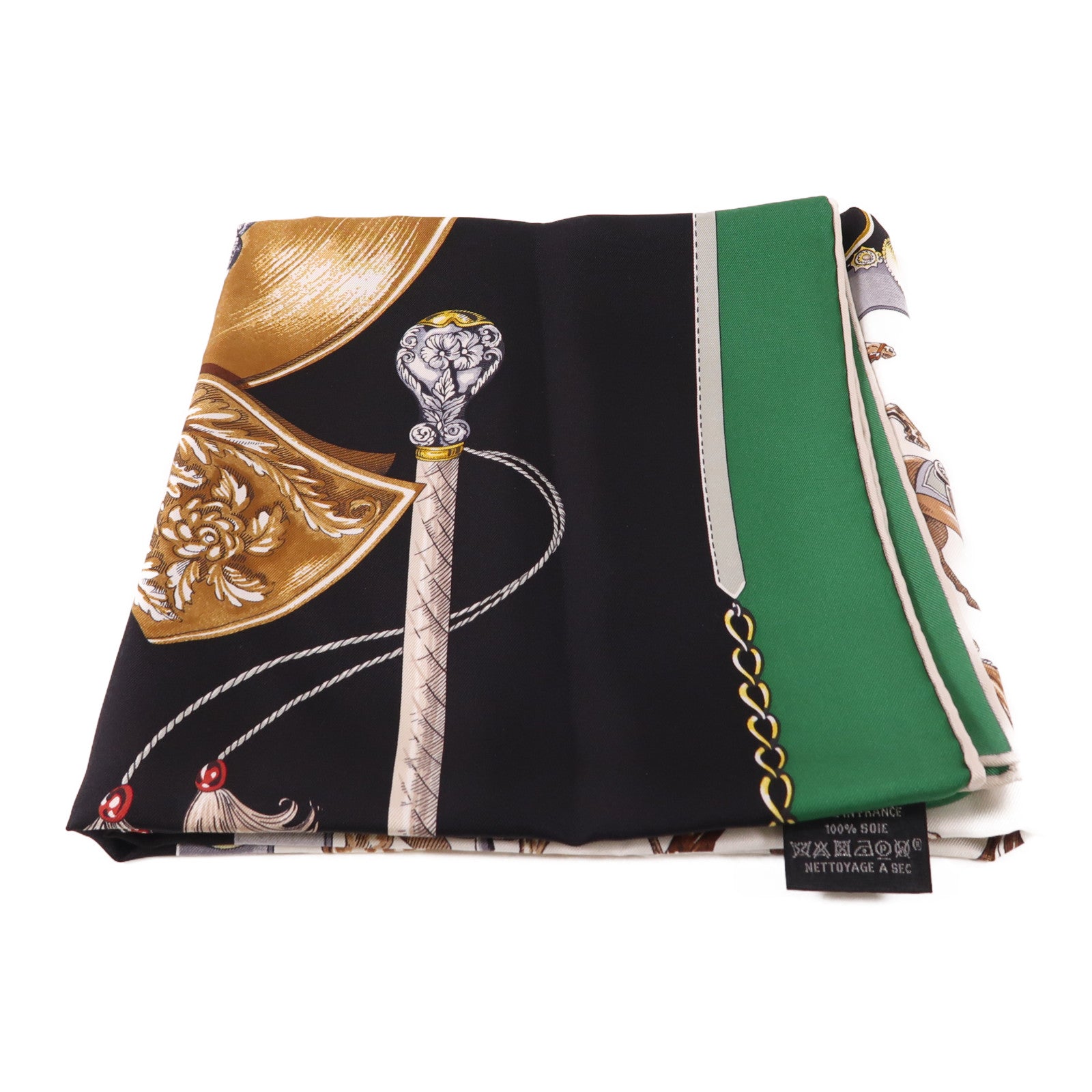 HERMES Scarf 90X90 Silk Black Green Brown Multicolored