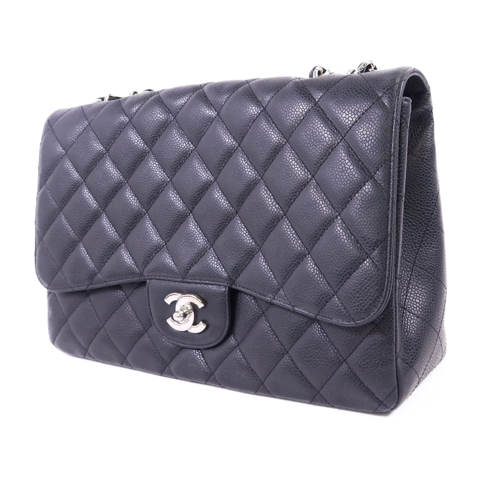 CHANEL 牛皮皮革Large Classic銀扣鏈帶肩背袋