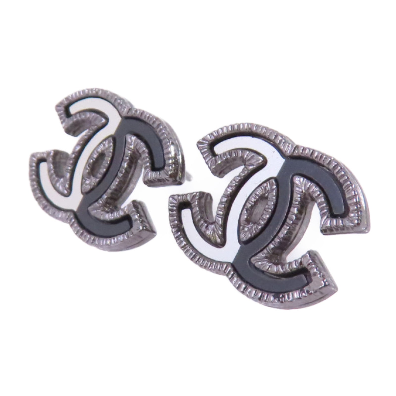 CHANEL 金屬CC Earrings銀扣耳環黑色/白色