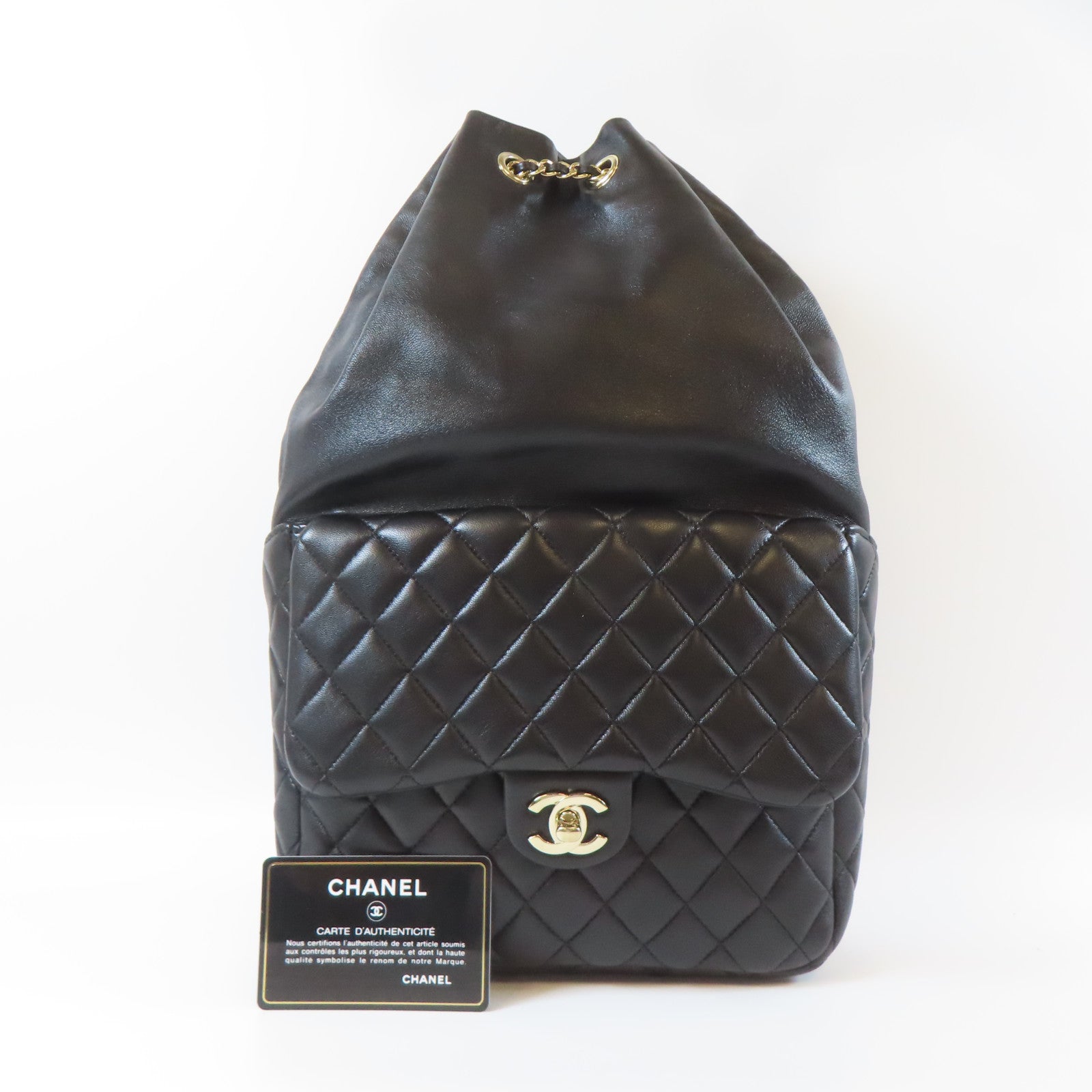 CHANEL 菱格羊皮皮革Matelasse Backpack金扣鏈帶背包黑色