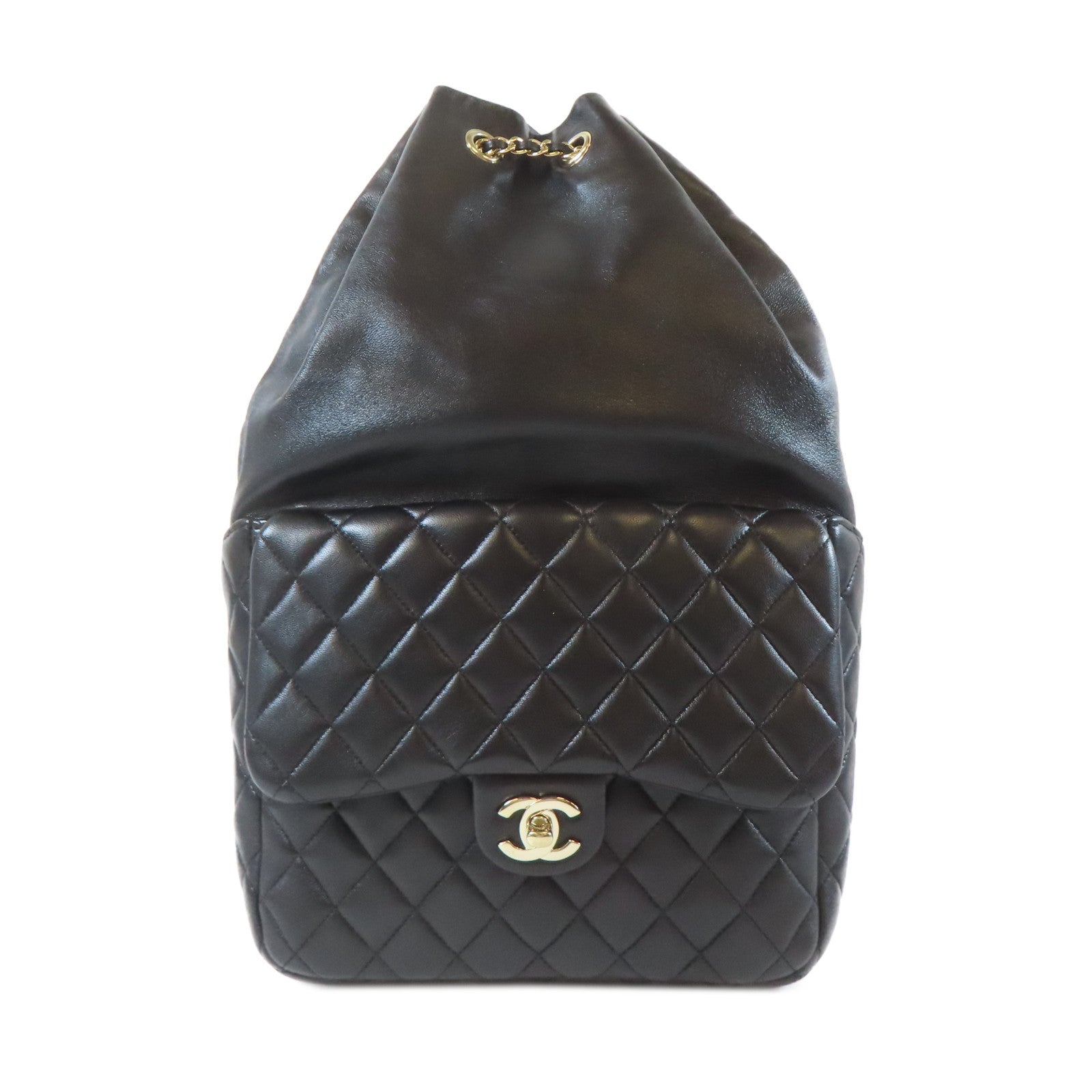 CHANEL 菱格羊皮皮革Matelasse Backpack金扣鏈帶背包黑色