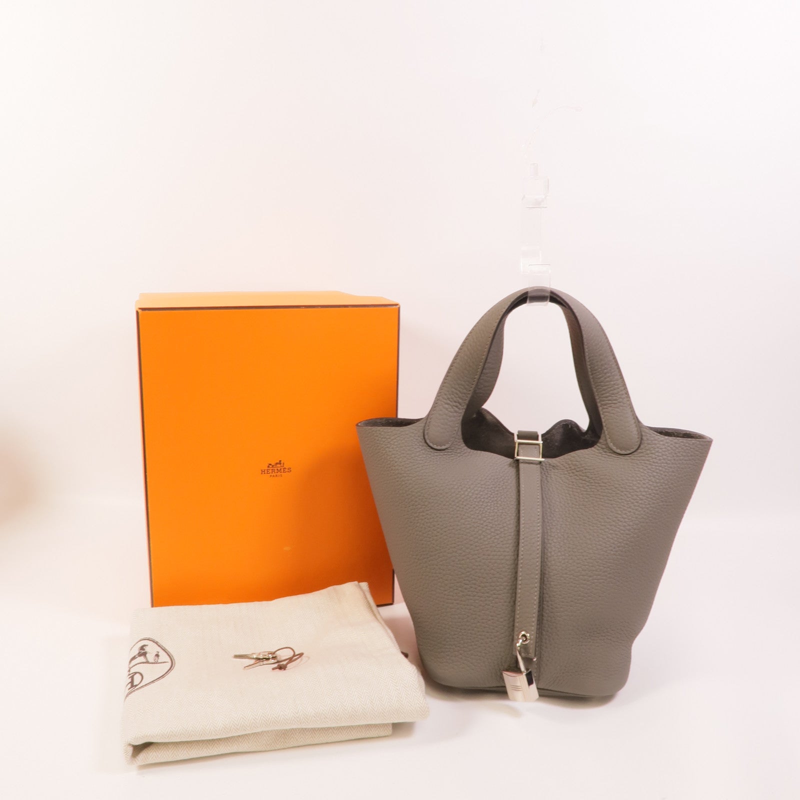 HERMES Clemence皮革Picotin PM手挽袋Gris Meyer