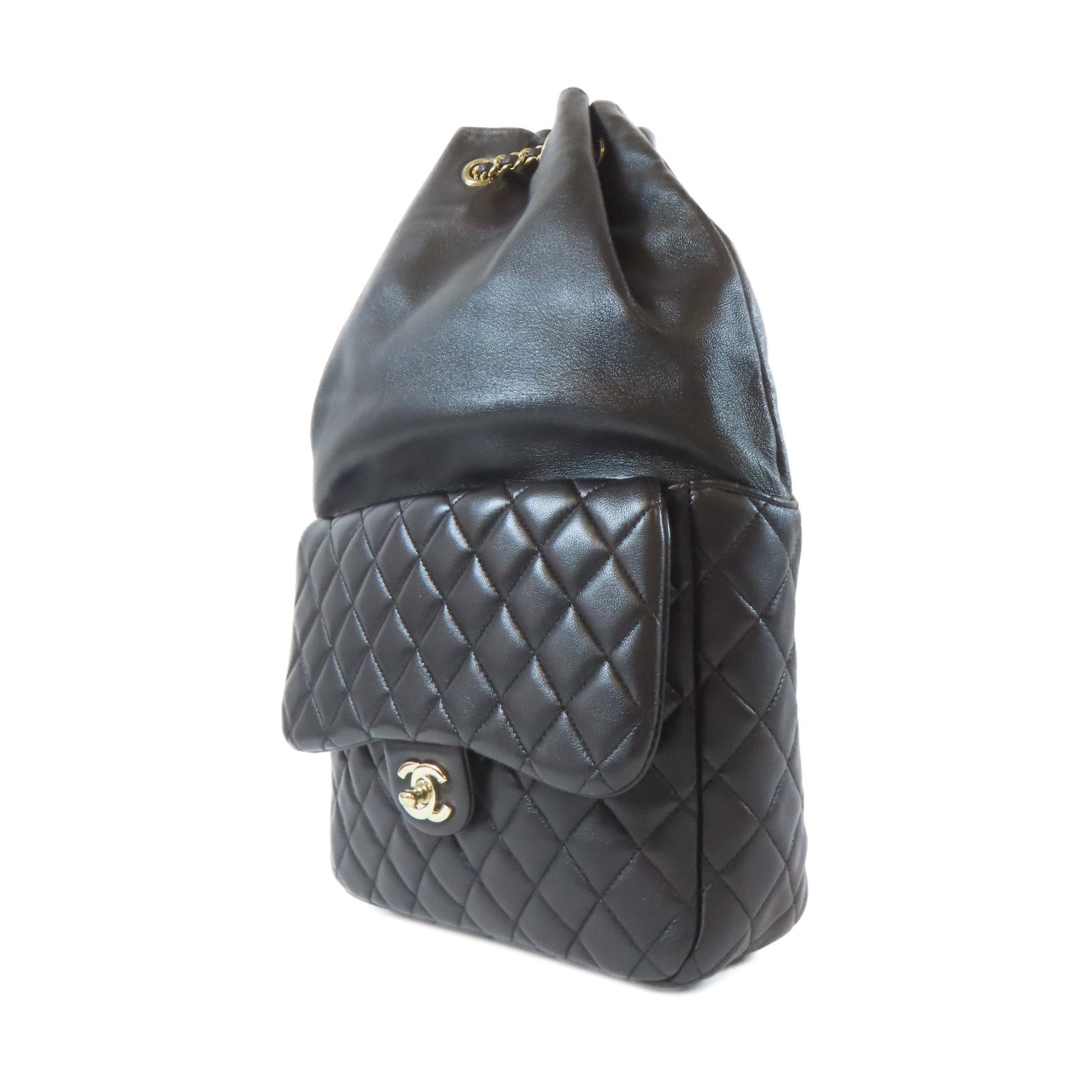 CHANEL 菱格羊皮皮革Matelasse Backpack金扣鏈帶背包黑色