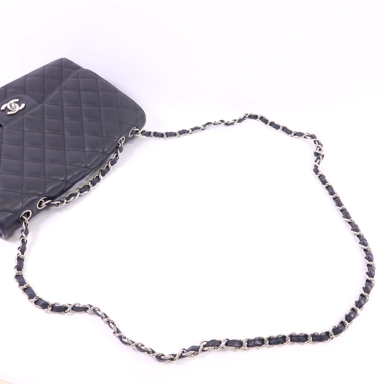 CHANEL 牛皮皮革Large Classic銀扣鏈帶肩背袋