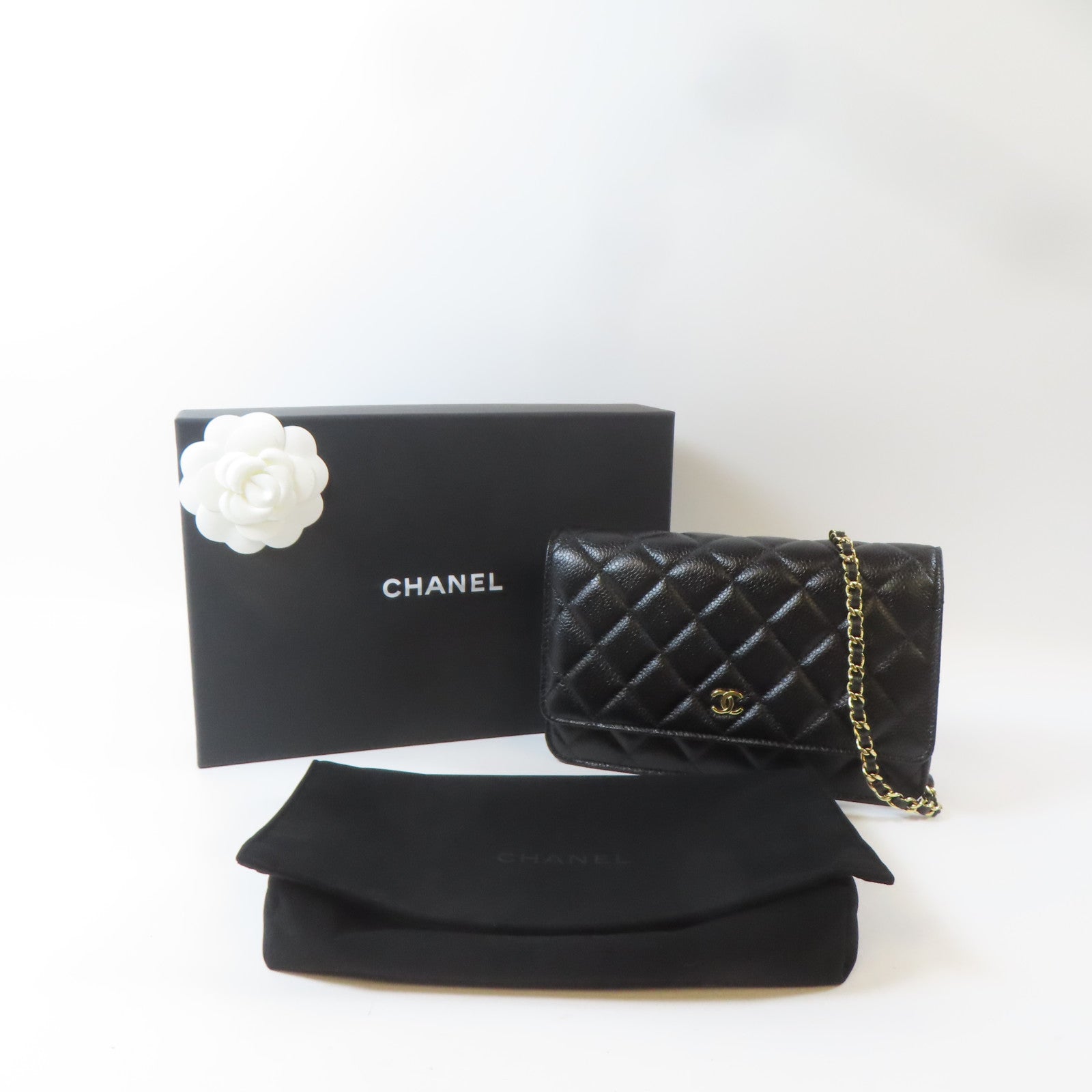 CHANEL 菱格Caviar皮革WOC Wallet On Chain金扣鏈帶肩背袋黑色