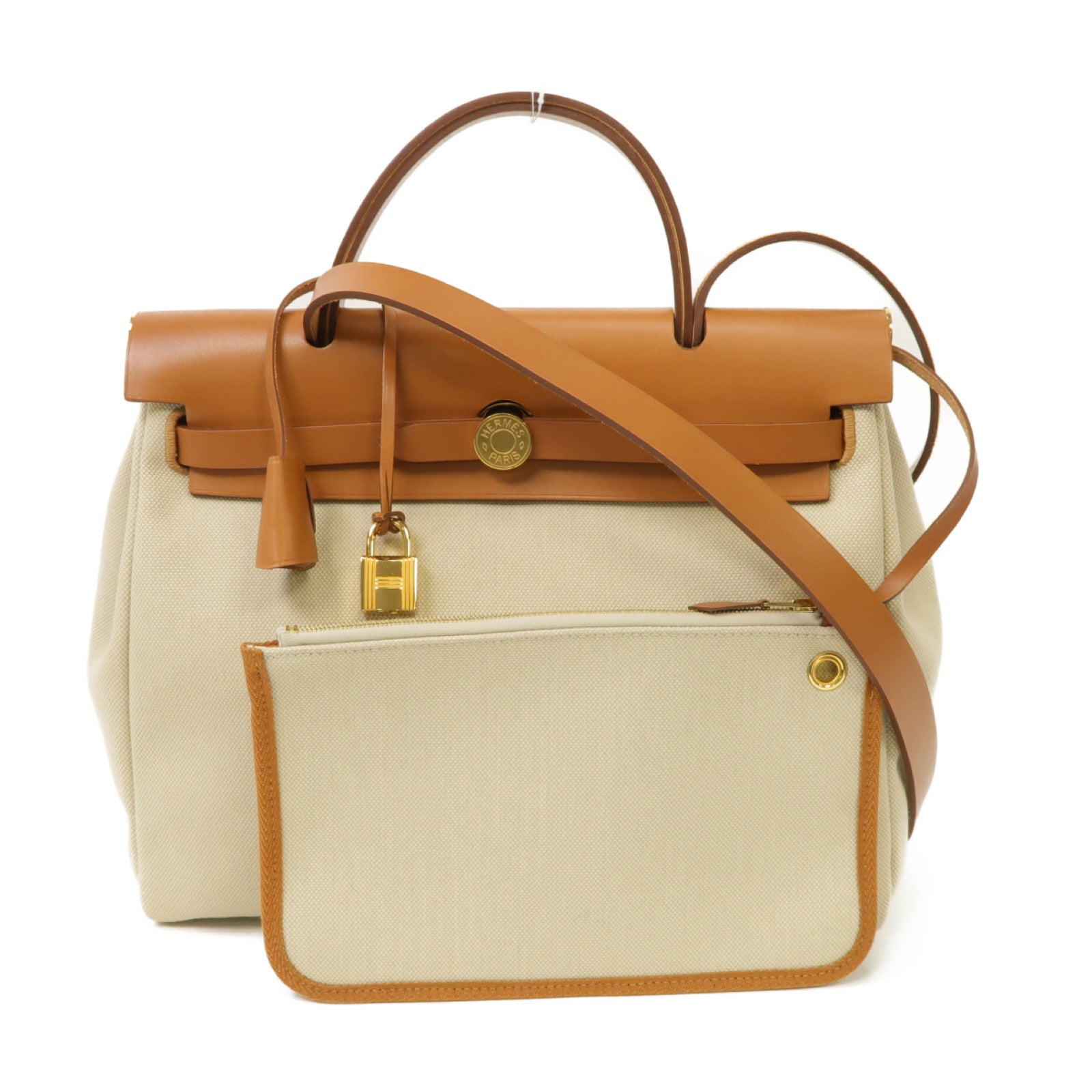 HERMES 帆布Herbag PM 2 Way Shoulder Bag 金扣手挽肩背兩用袋Beton/馬鞍皮駝色