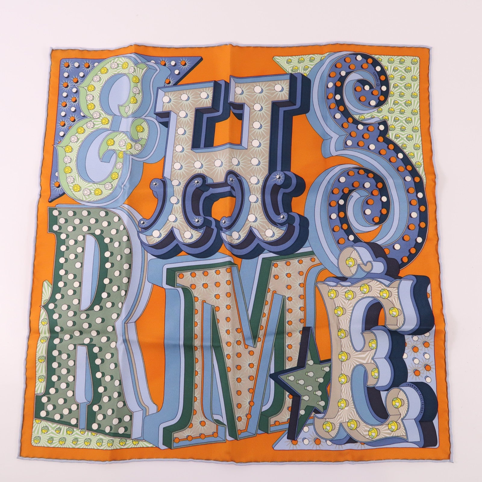 HERMES Scarf 40x40 Silk Orange Blue Multicolored