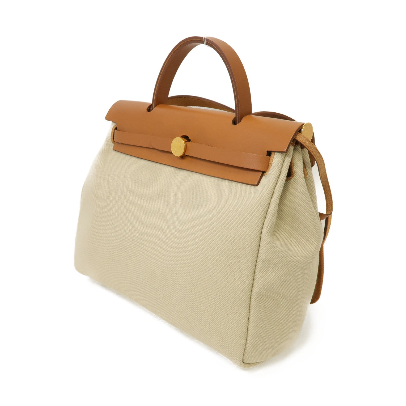 HERMES 帆布Herbag PM 2 Way Shoulder Bag 金扣手挽肩背兩用袋Beton/馬鞍皮駝色