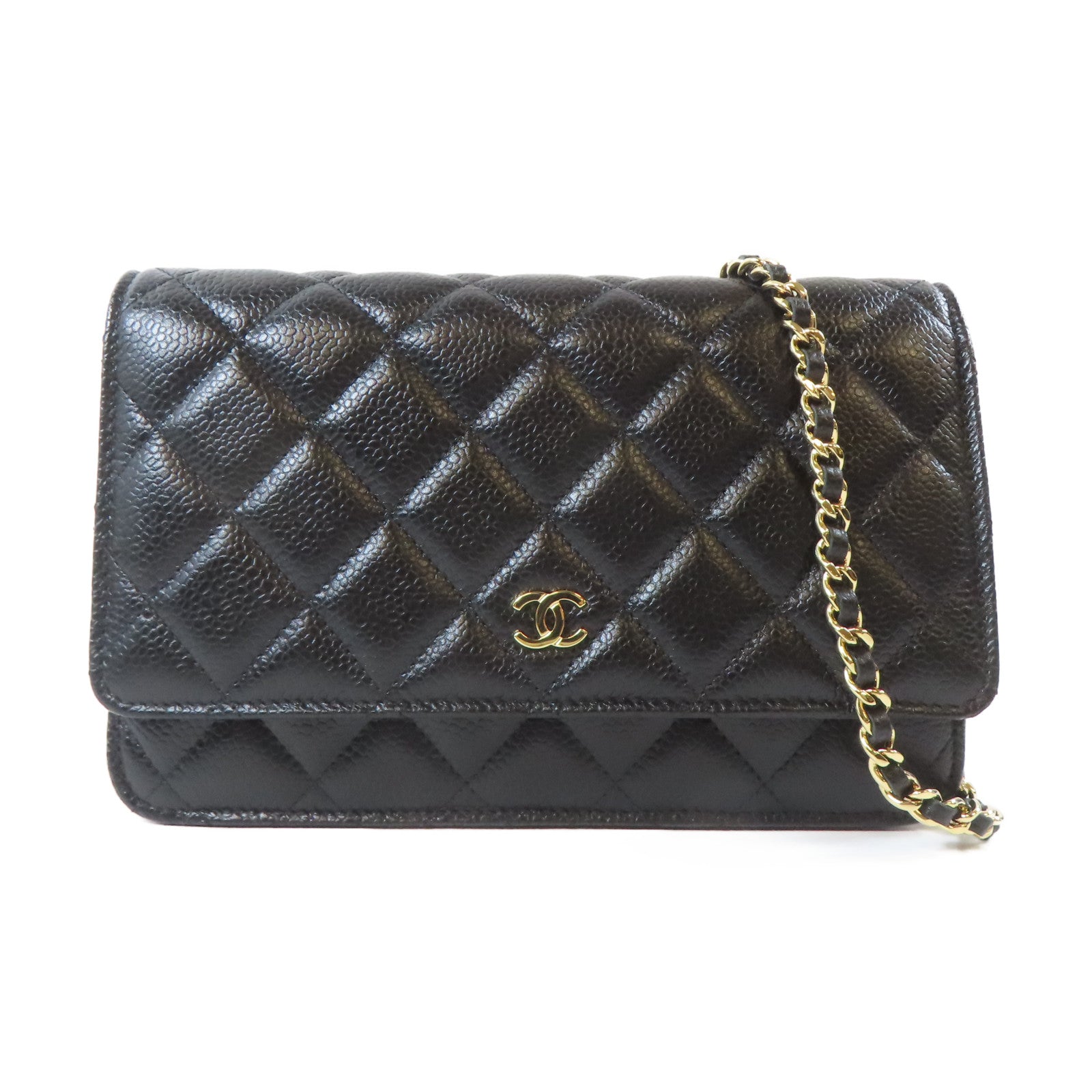 CHANEL 菱格Caviar皮革WOC Wallet On Chain金扣鏈帶肩背袋黑色