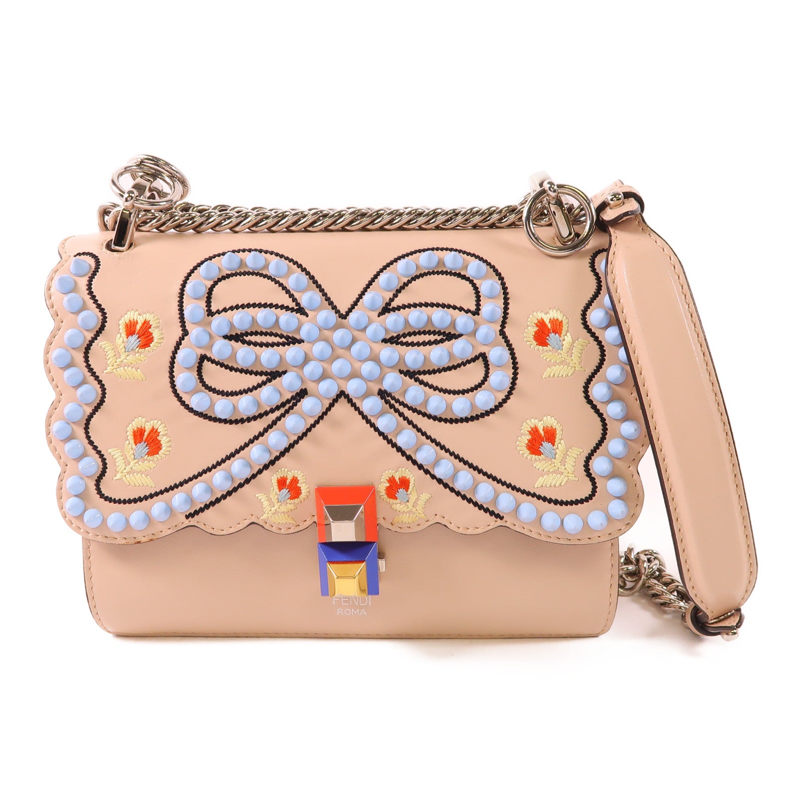 FENDI 牛皮皮革Kan I銀扣鏈帶肩背袋