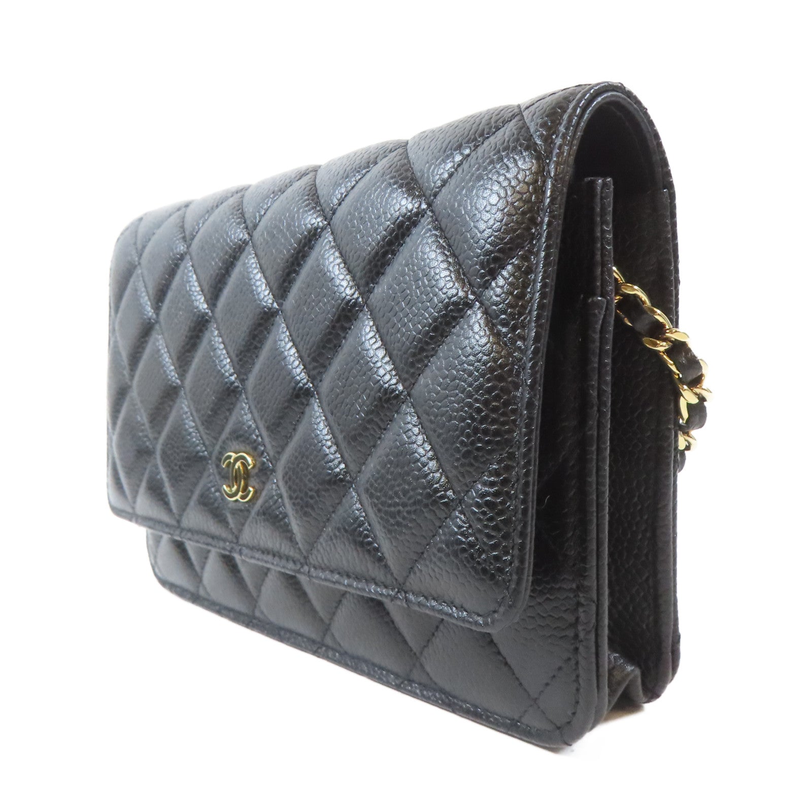 CHANEL 菱格Caviar皮革WOC Wallet On Chain金扣鏈帶肩背袋黑色