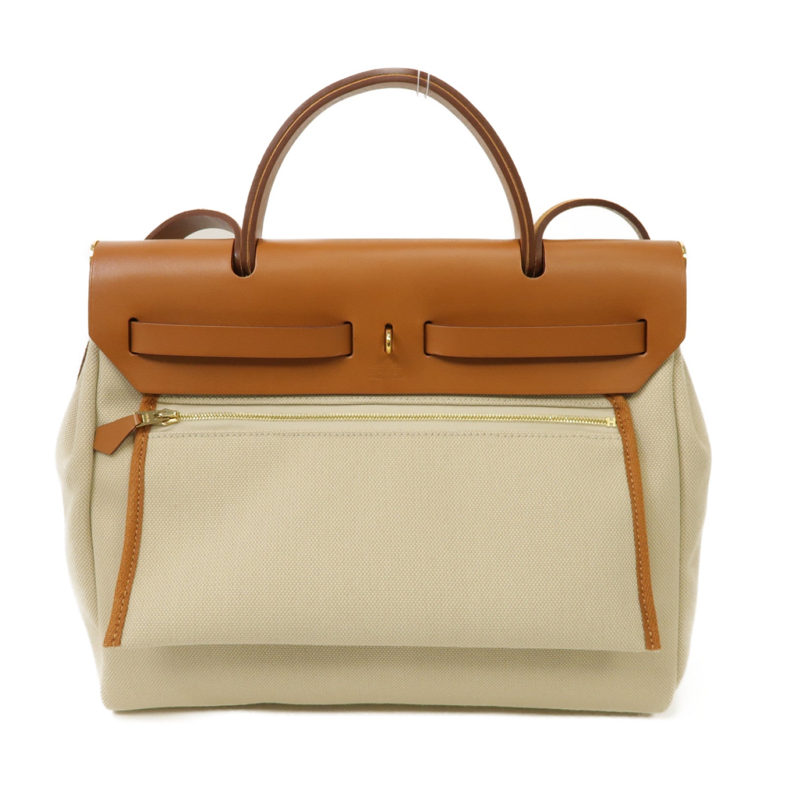 HERMES 帆布Herbag PM 2 Way Shoulder Bag 金扣手挽肩背兩用袋Beton/馬鞍皮駝色