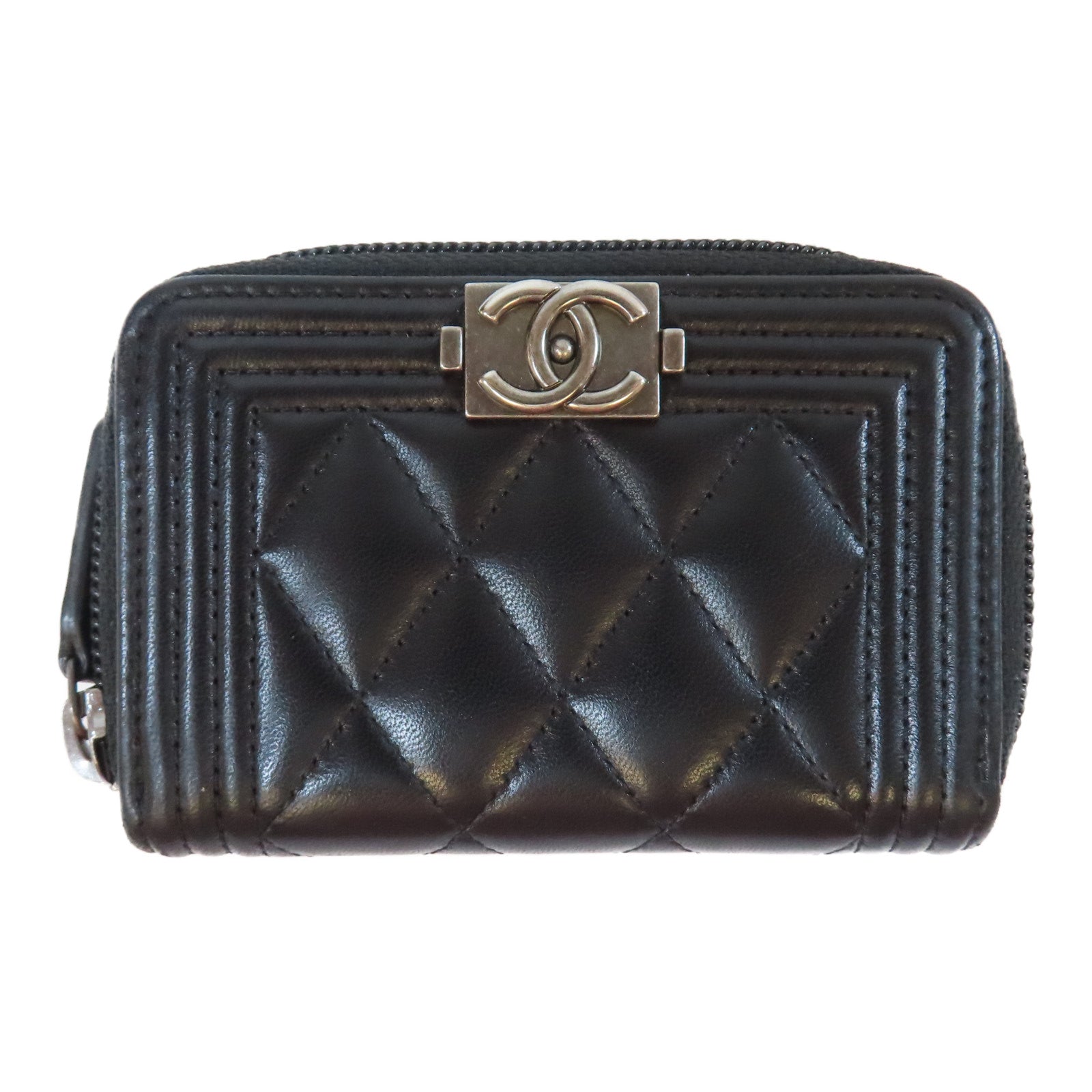 CHANEL 菱格羊皮皮革Card Case銀扣卡片套黑色