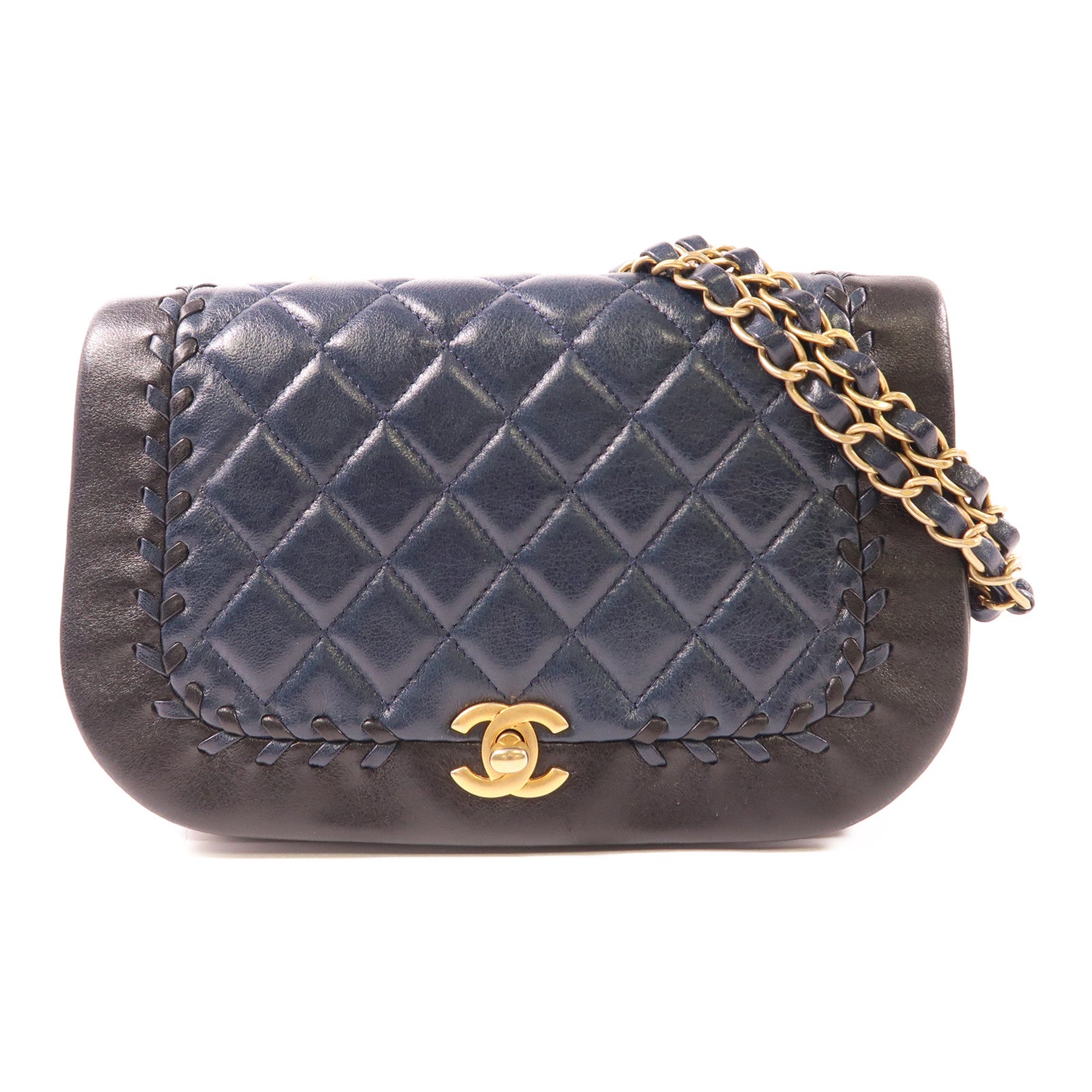 CHANEL CC GHW Quilted Curve Braided  Chain Shoulder Bag Lambskin Leather Navy