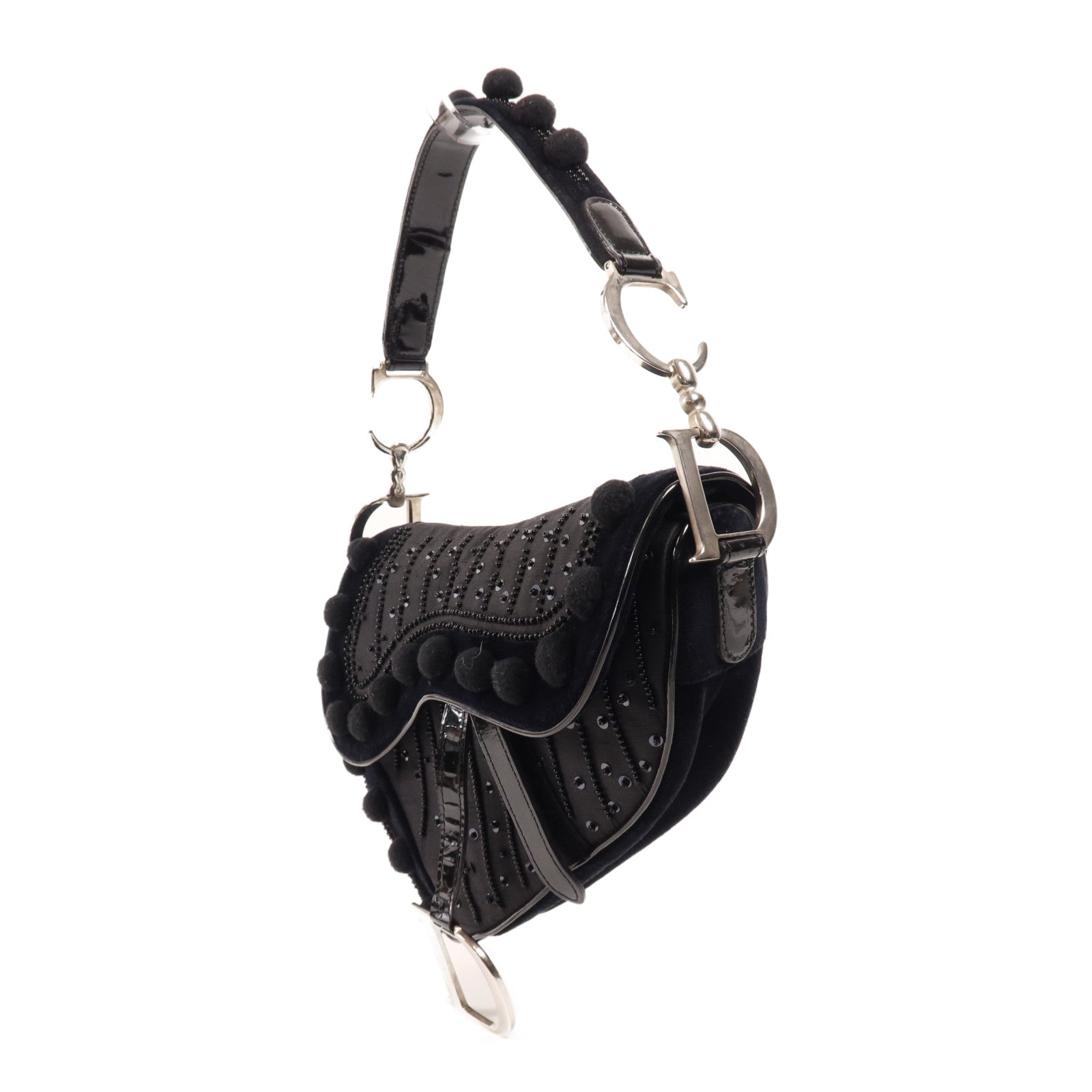 Dior 天鵝絨/皮革Saddle Bag銀扣手挽袋