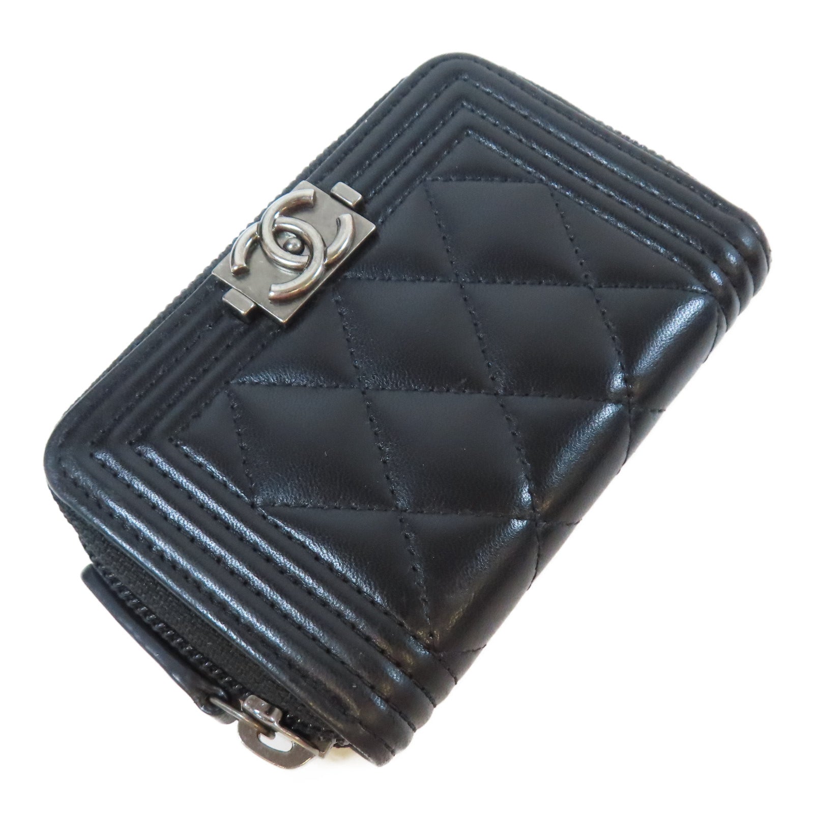 CHANEL 菱格羊皮皮革Card Case銀扣卡片套黑色