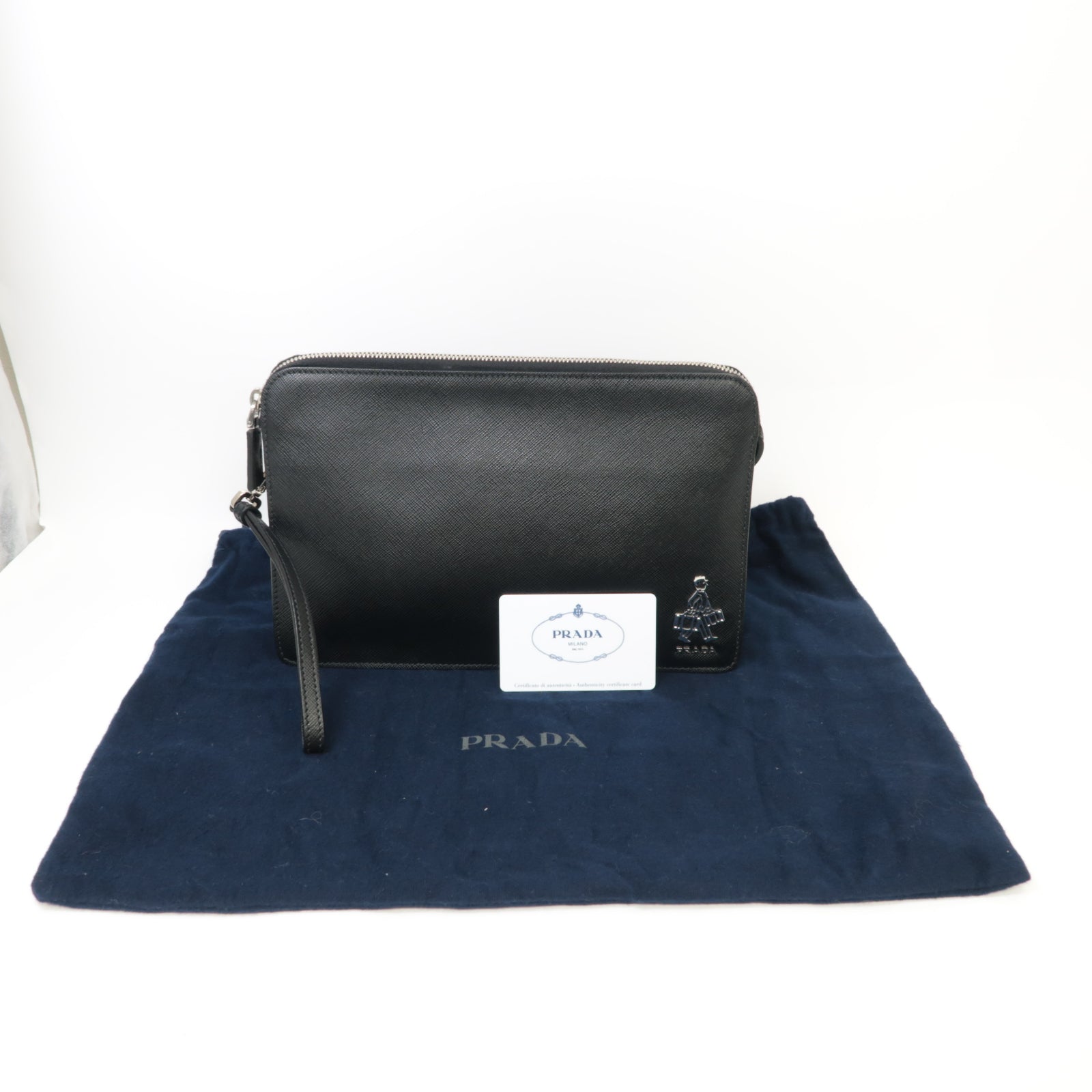 PRADA 牛皮皮革Zipped Clutch銀扣手拿包黑色