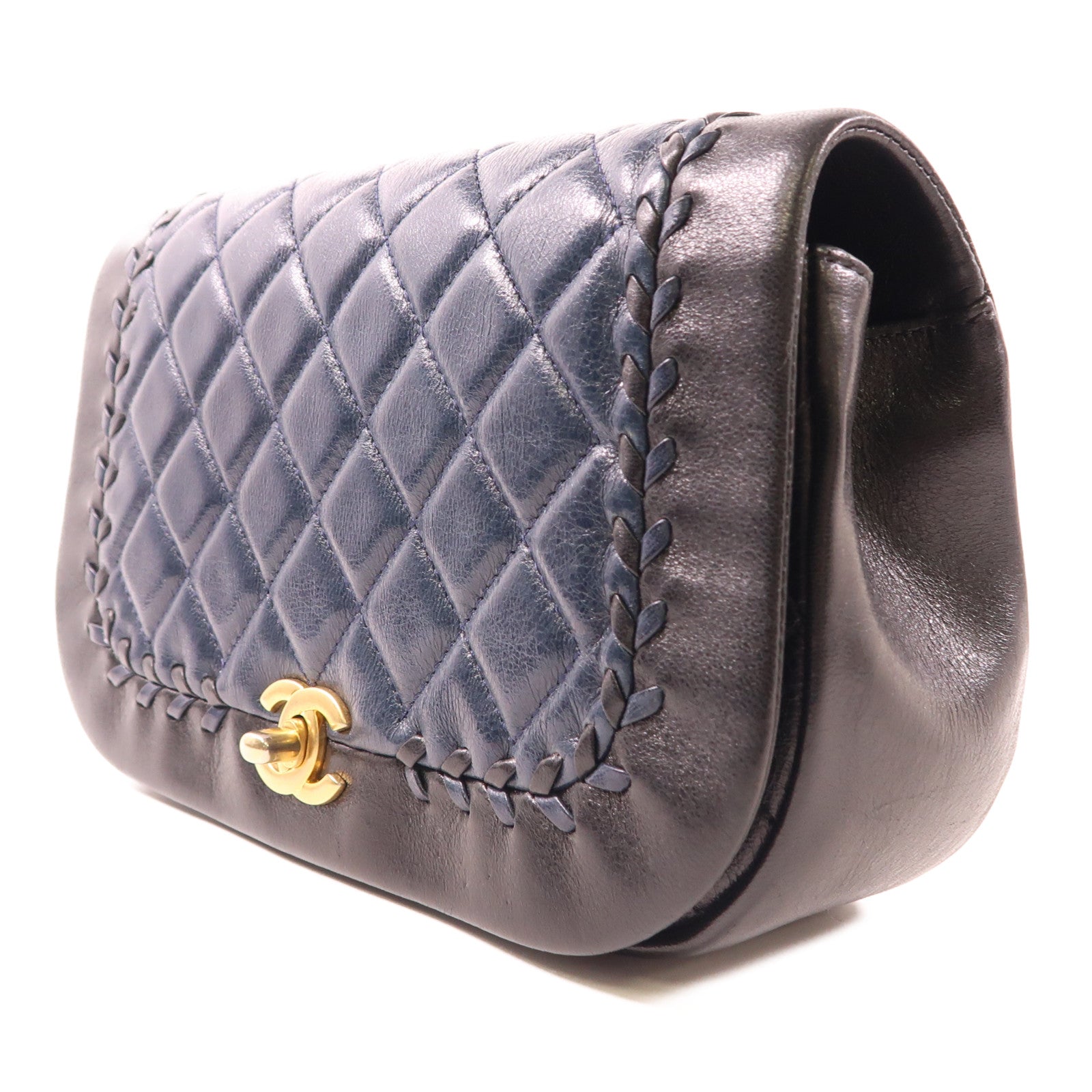 CHANEL CC GHW Quilted Curve Braided  Chain Shoulder Bag Lambskin Leather Navy