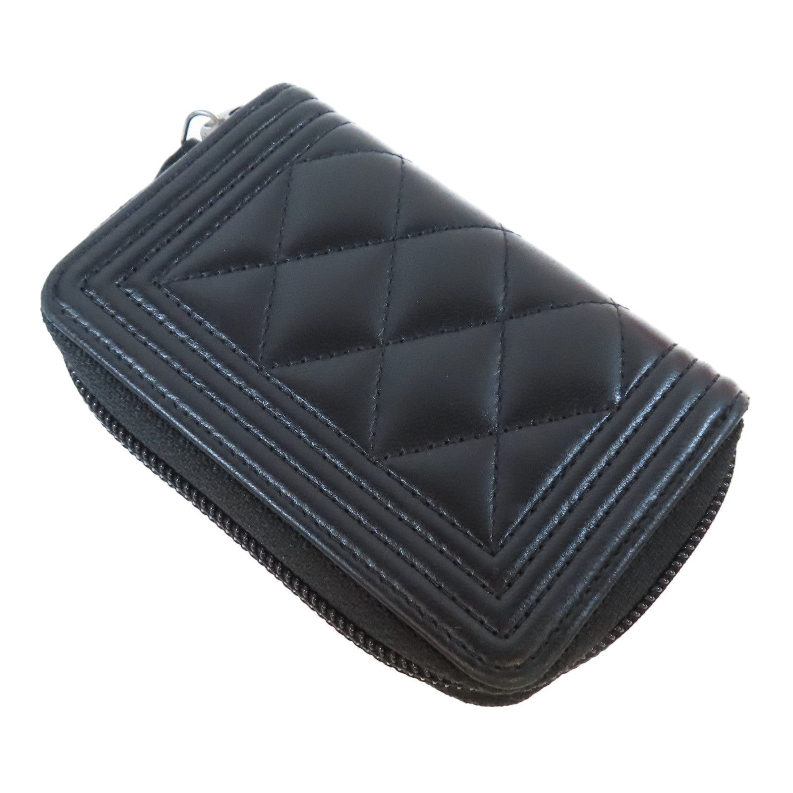 CHANEL 菱格羊皮皮革Card Case銀扣卡片套黑色