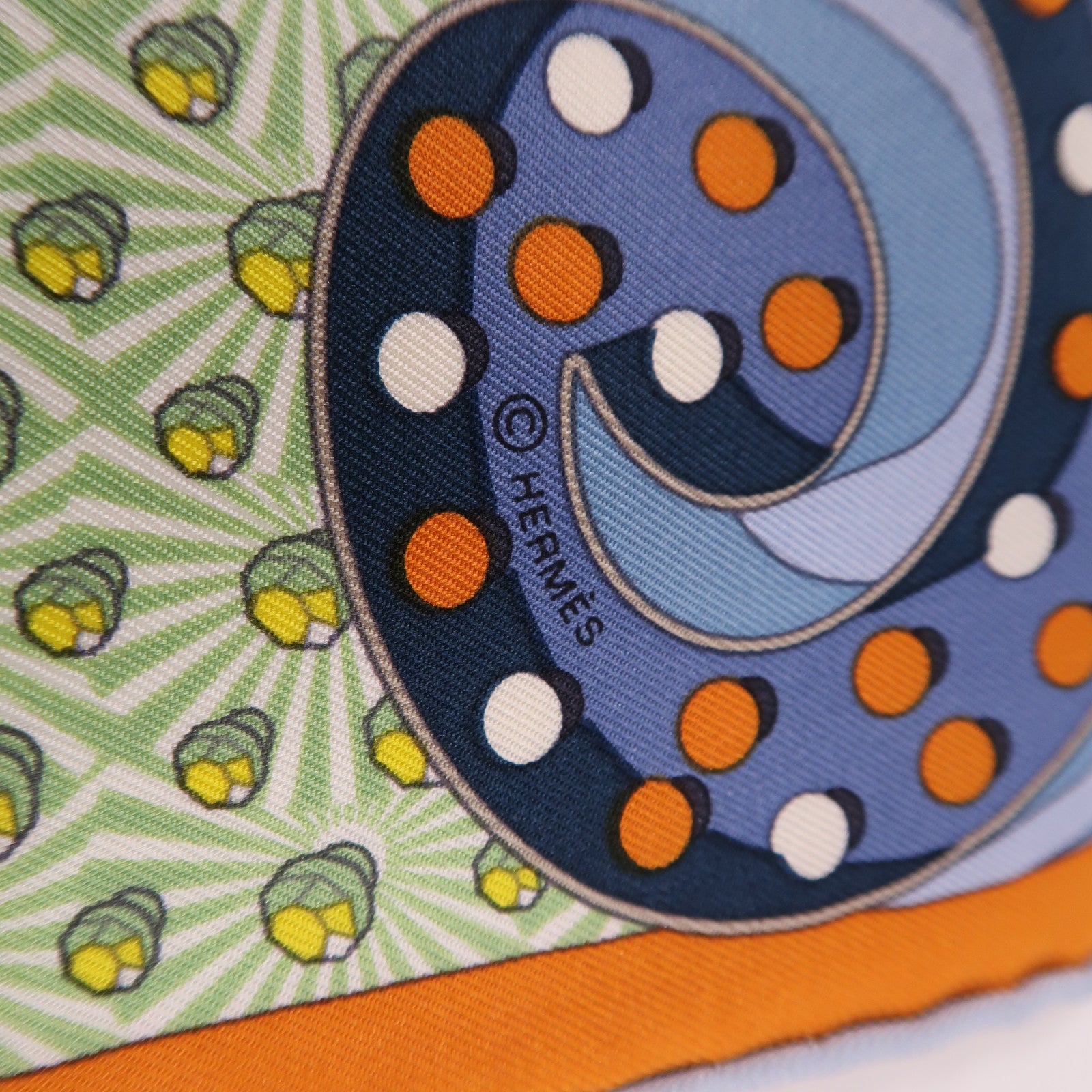 HERMES Scarf 40x40 Silk Orange Blue Multicolored