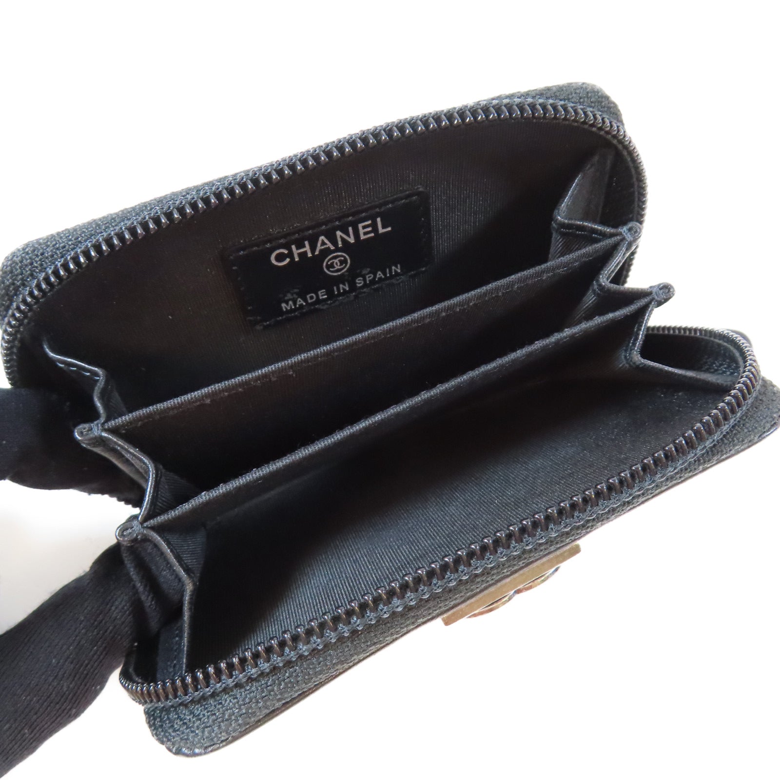 CHANEL 菱格羊皮皮革Card Case銀扣卡片套黑色