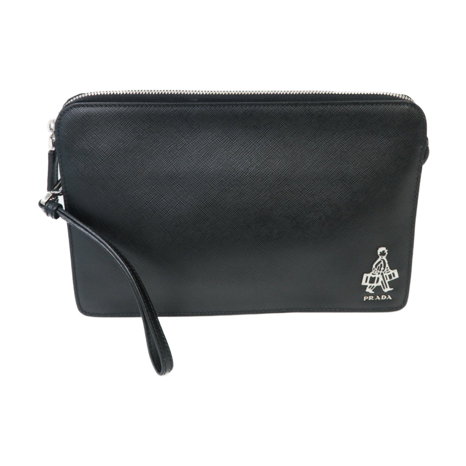 PRADA 牛皮皮革Zipped Clutch銀扣手拿包黑色